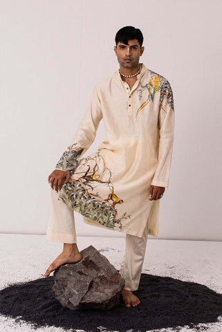 Chanderi Ivory Monkey Menace Kurta With Pants