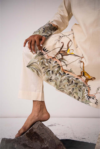 Chanderi Ivory Monkey Menace Kurta With Pants