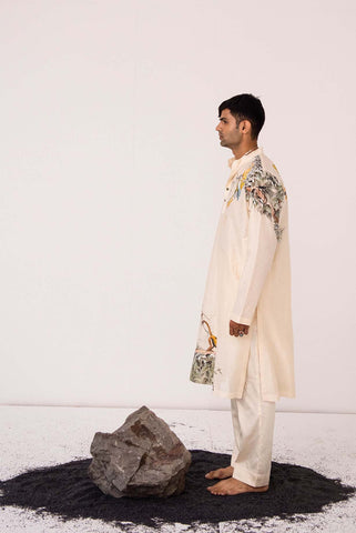 Chanderi Ivory Monkey Menace Kurta With Pants