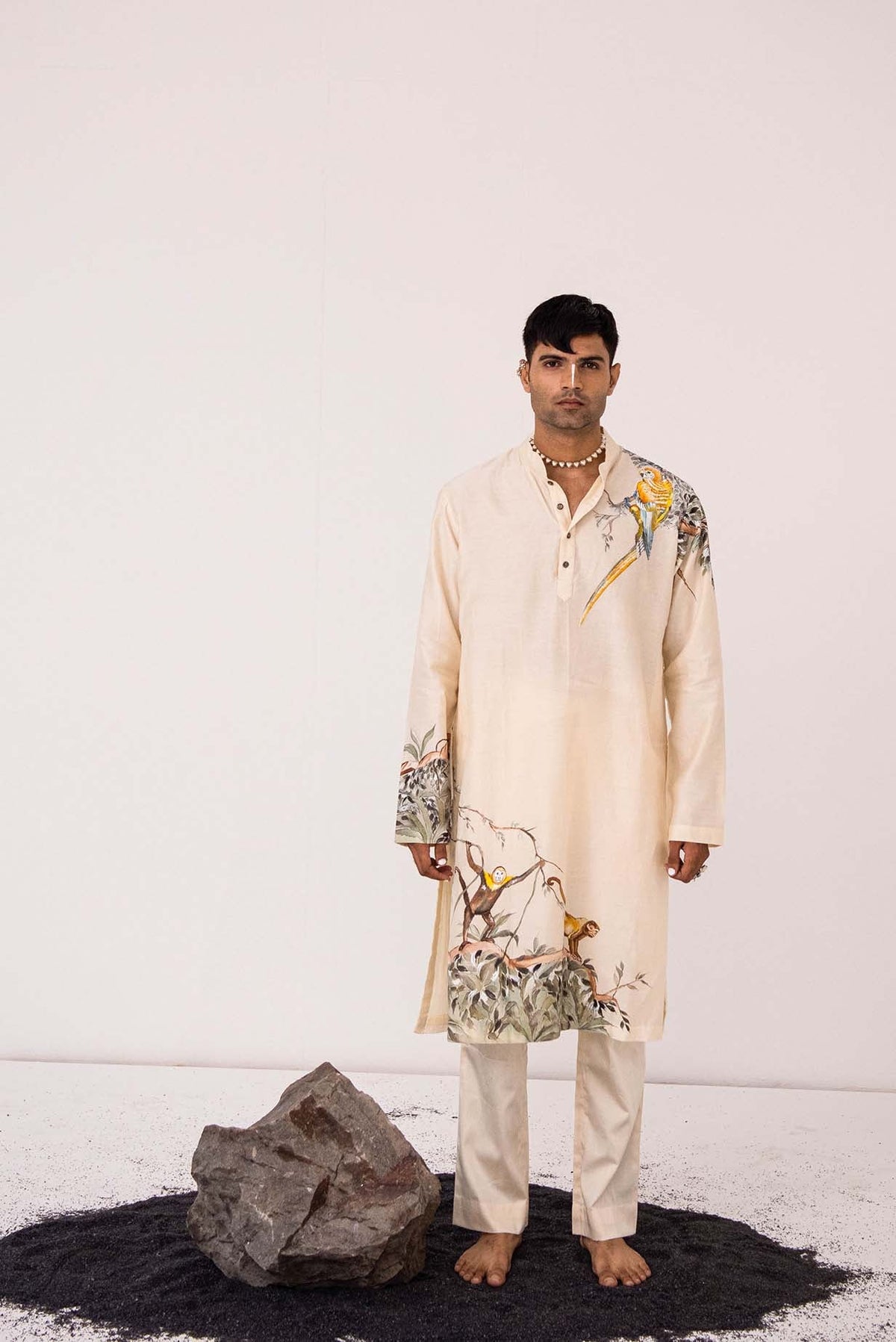 Chanderi Ivory Monkey Menace Kurta With Pants