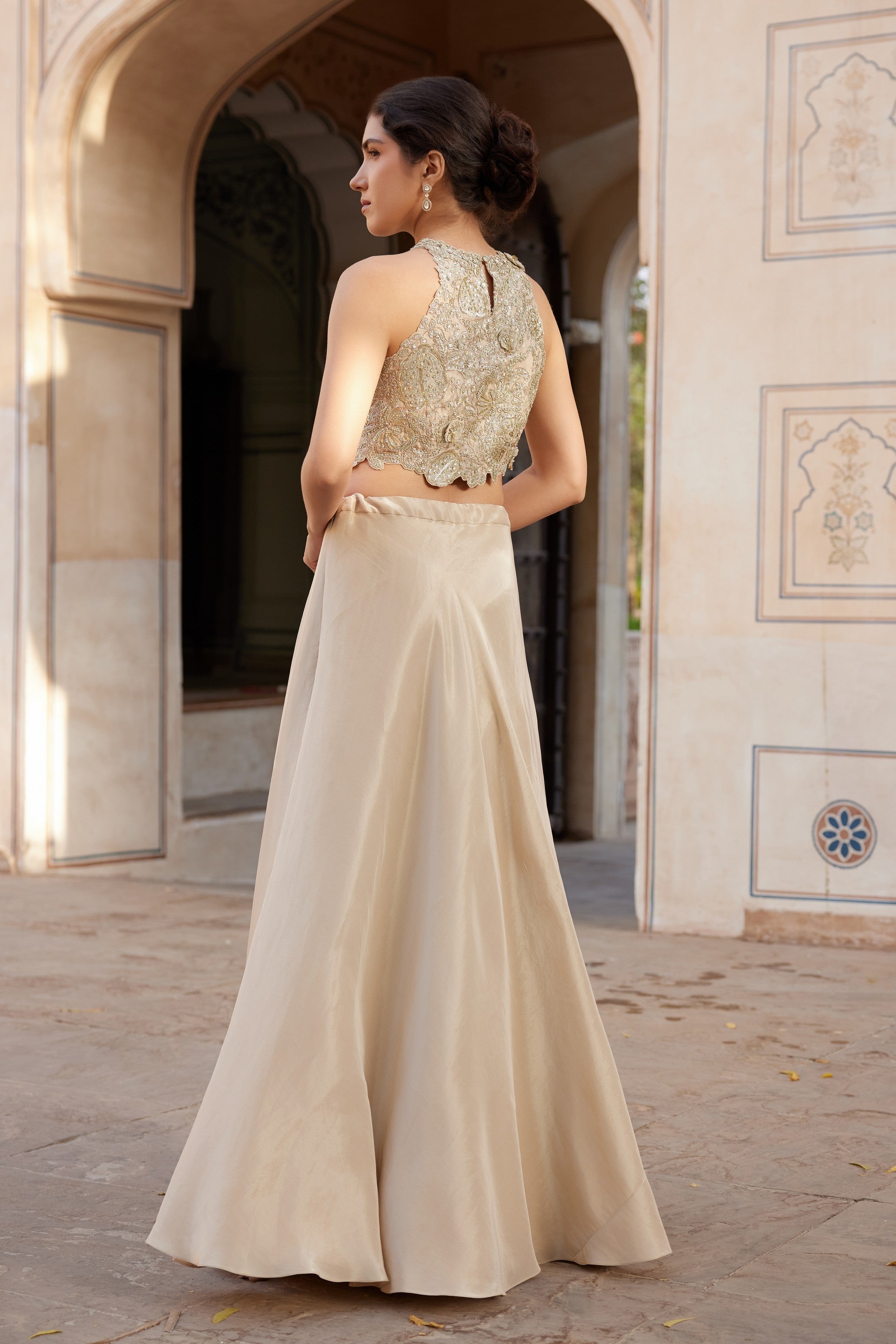 Beige Champagne Embroidered Top and Skirt