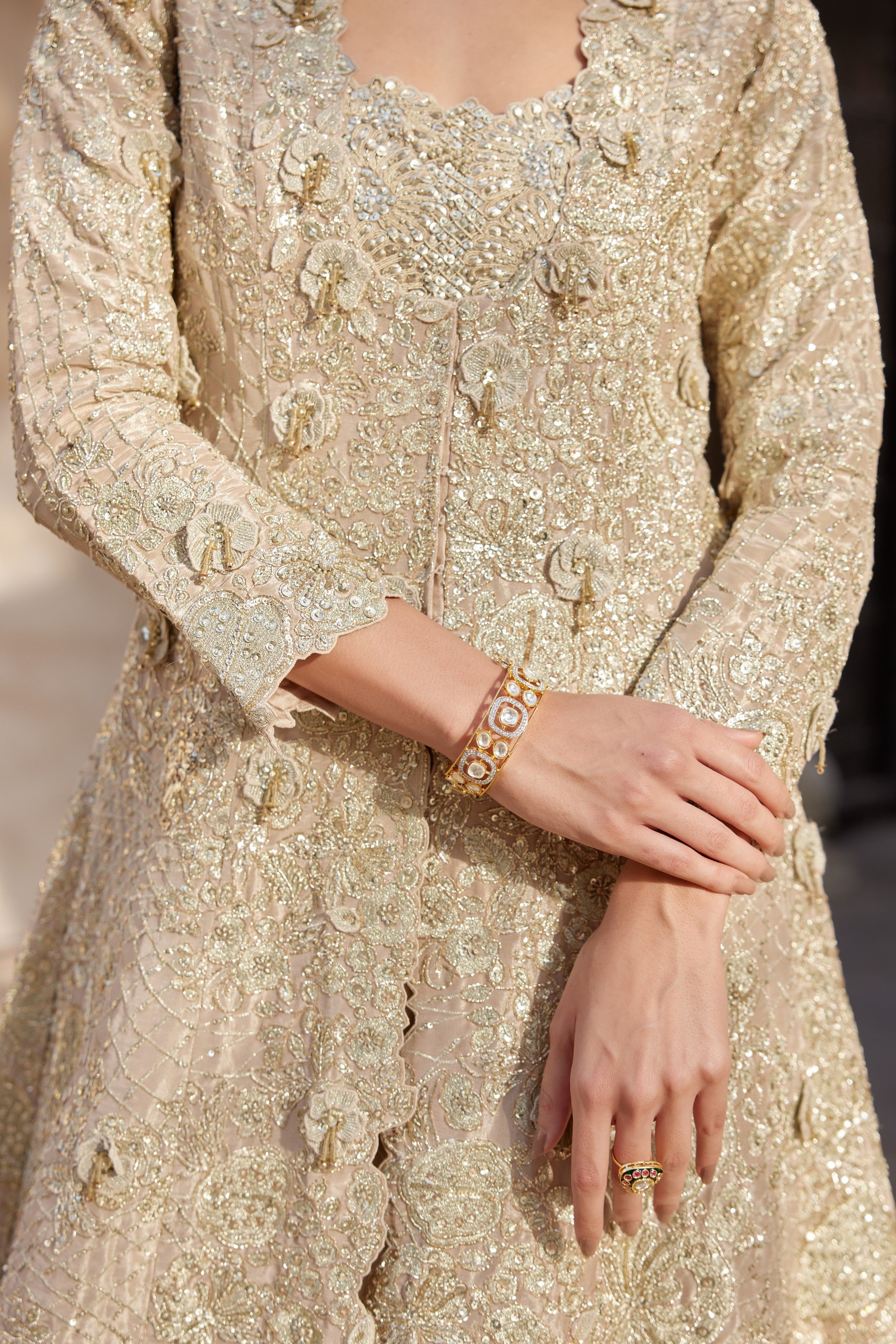 Beige Champagne Embroidered Jacket Set