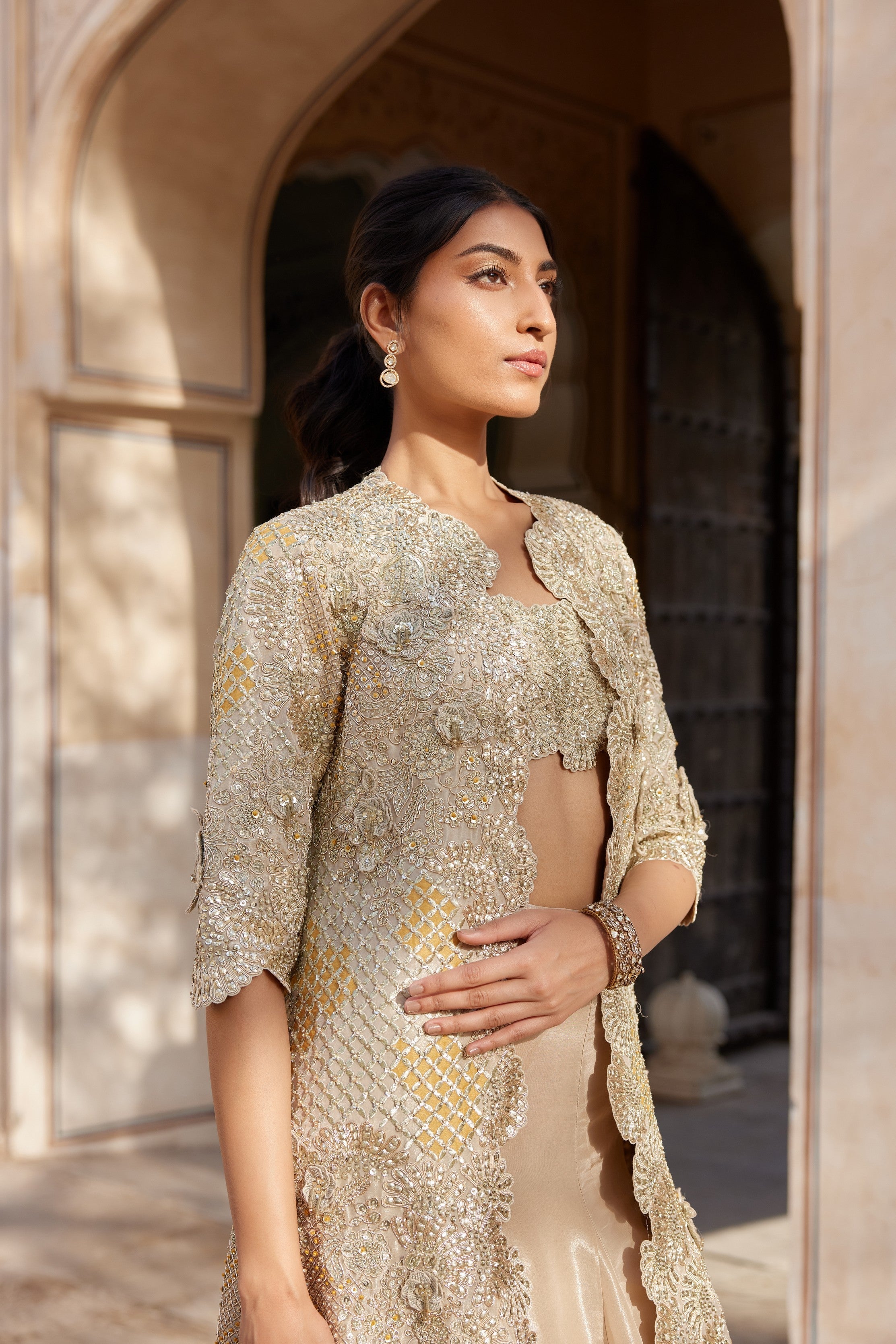 Beige Champagne Embroidered Open Jacket Set