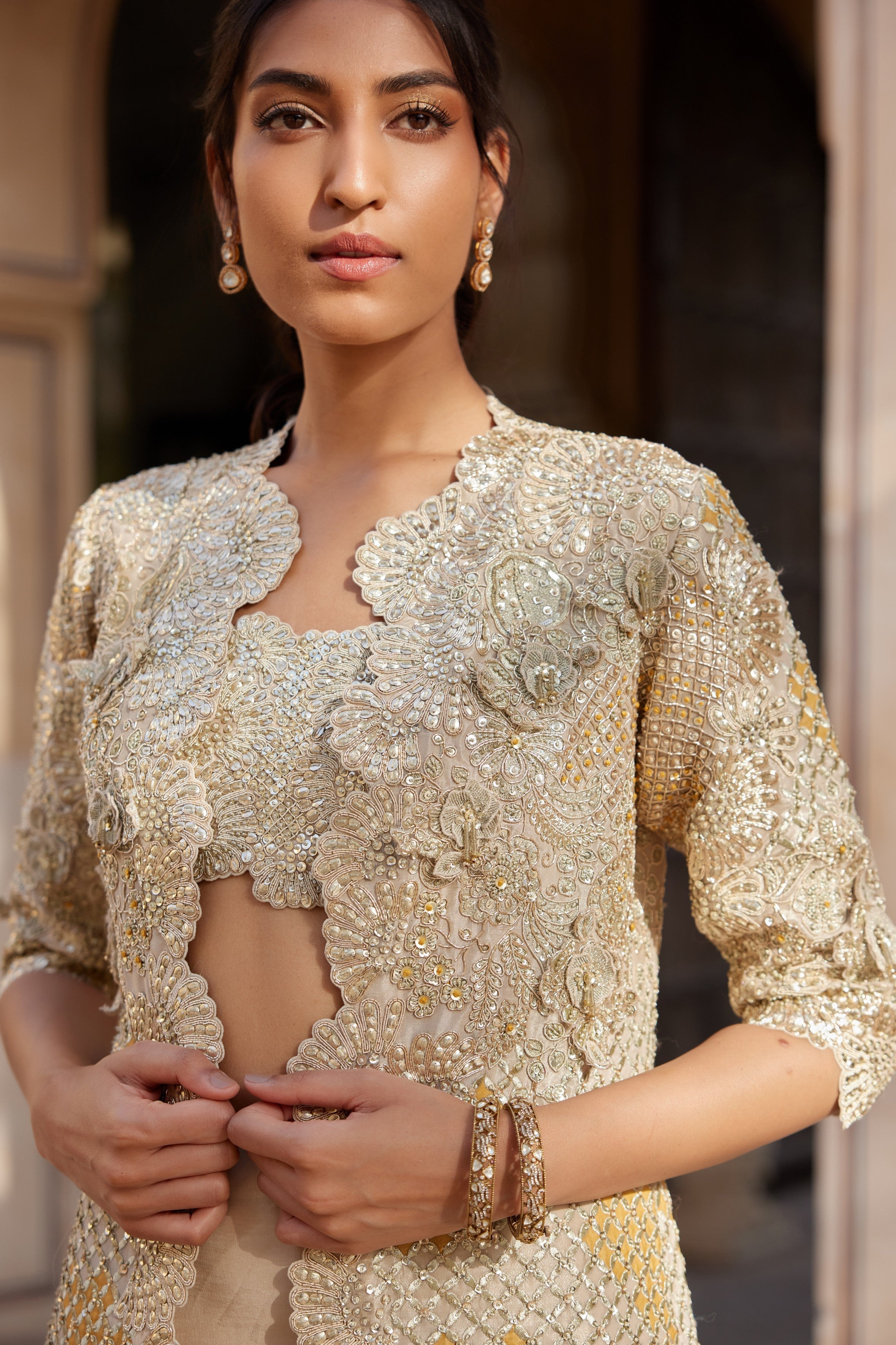 Beige Champagne Embroidered Open Jacket Set