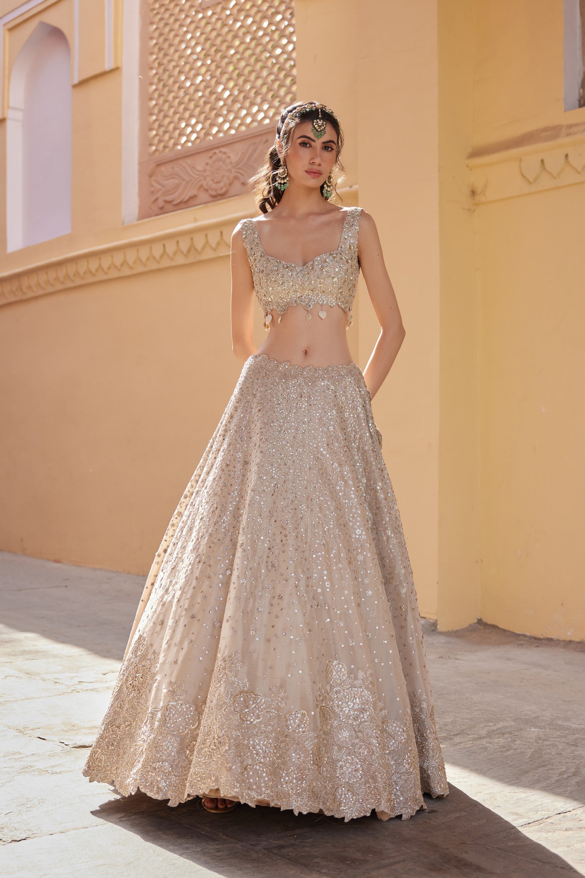 Beige Champagne Embroidered Lehenga