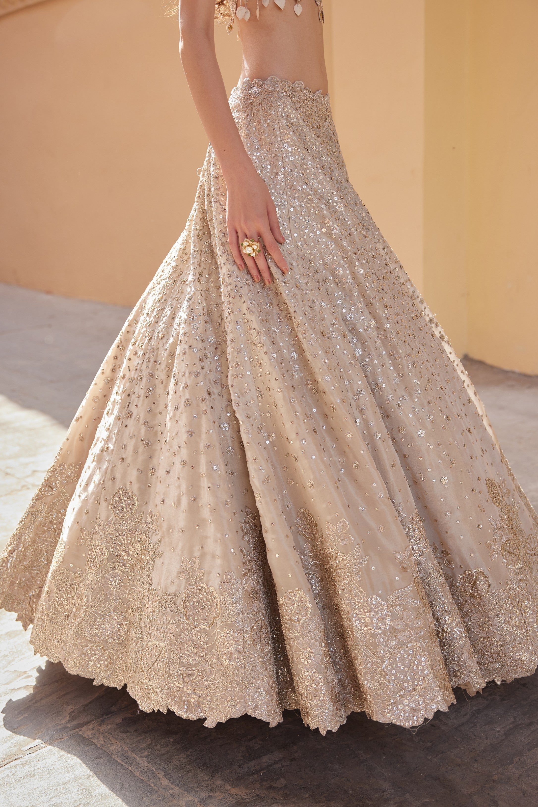 Beige Champagne Embroidered Lehenga