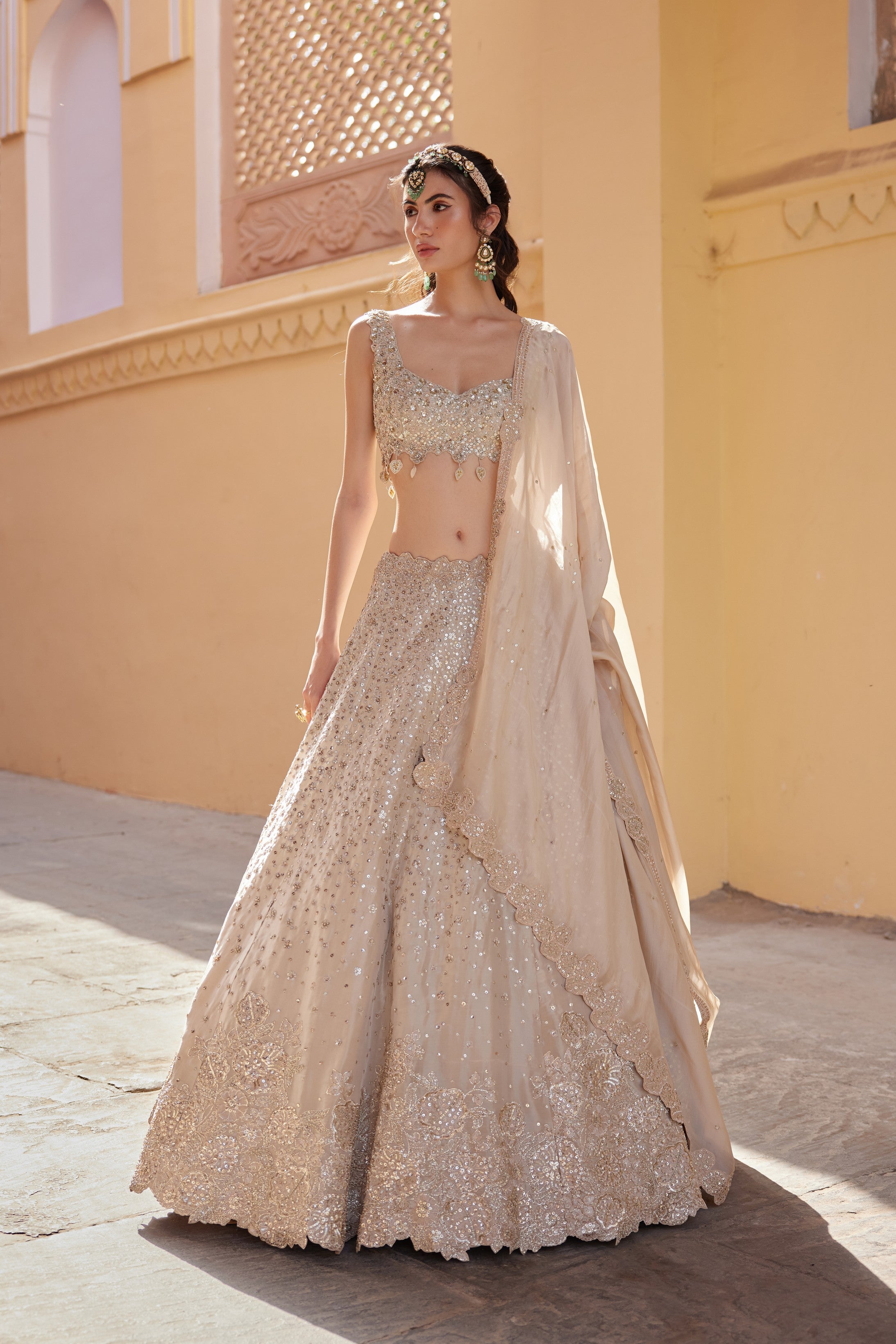 Beige Champagne Embroidered Lehenga