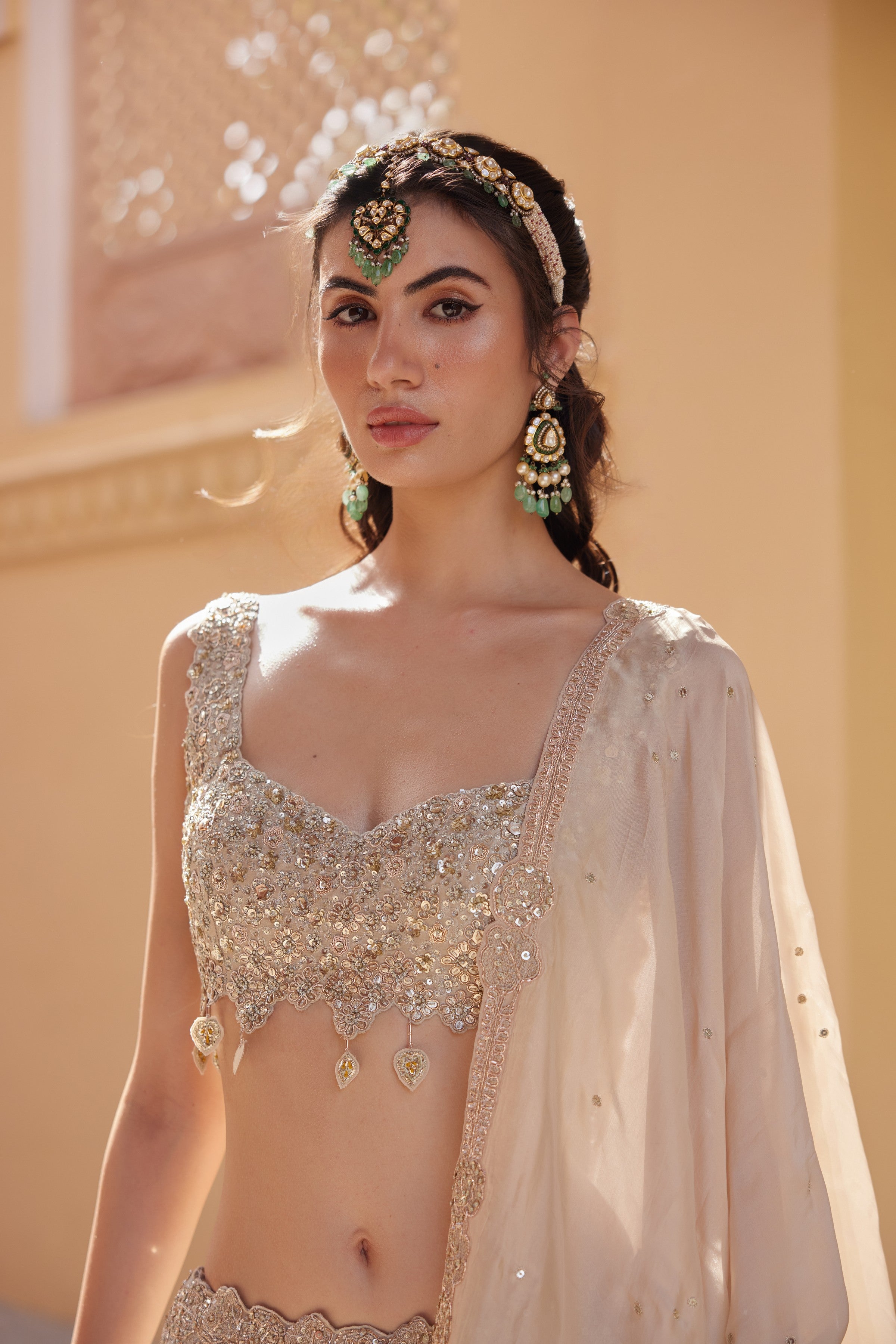 Beige Champagne Embroidered Lehenga