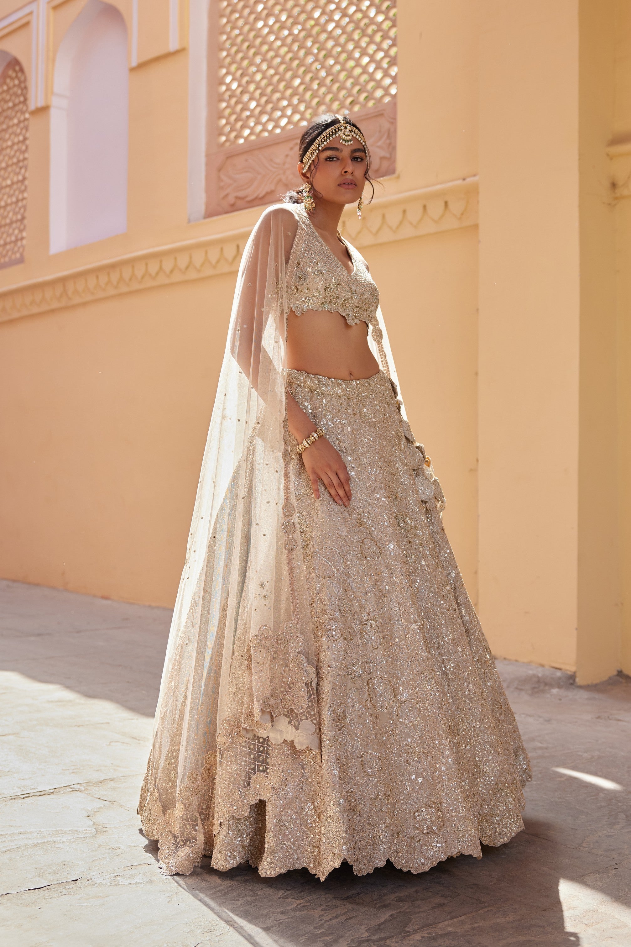 Beige Champagne Embroidered Lehenga