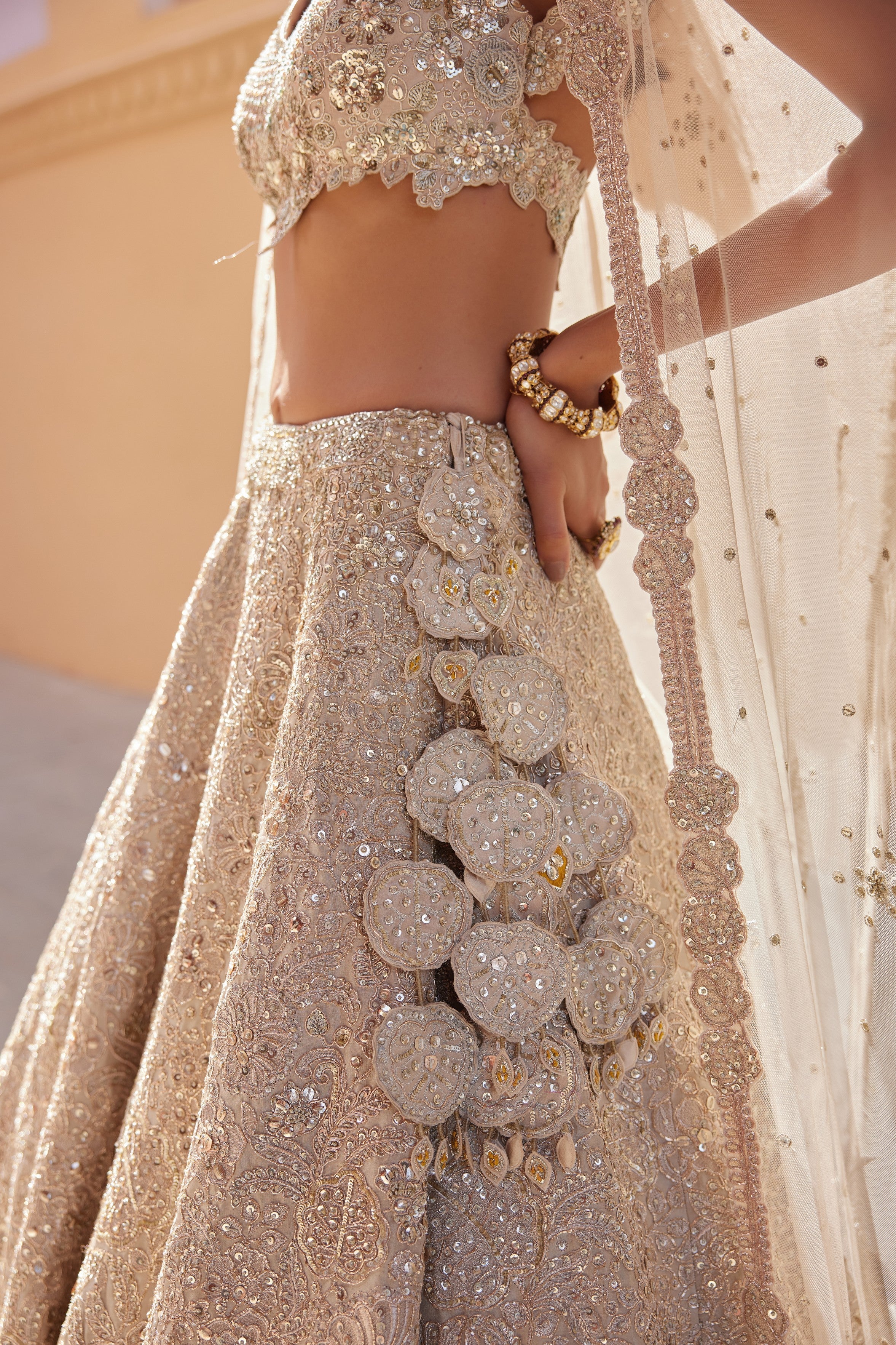 Beige Champagne Embroidered Lehenga