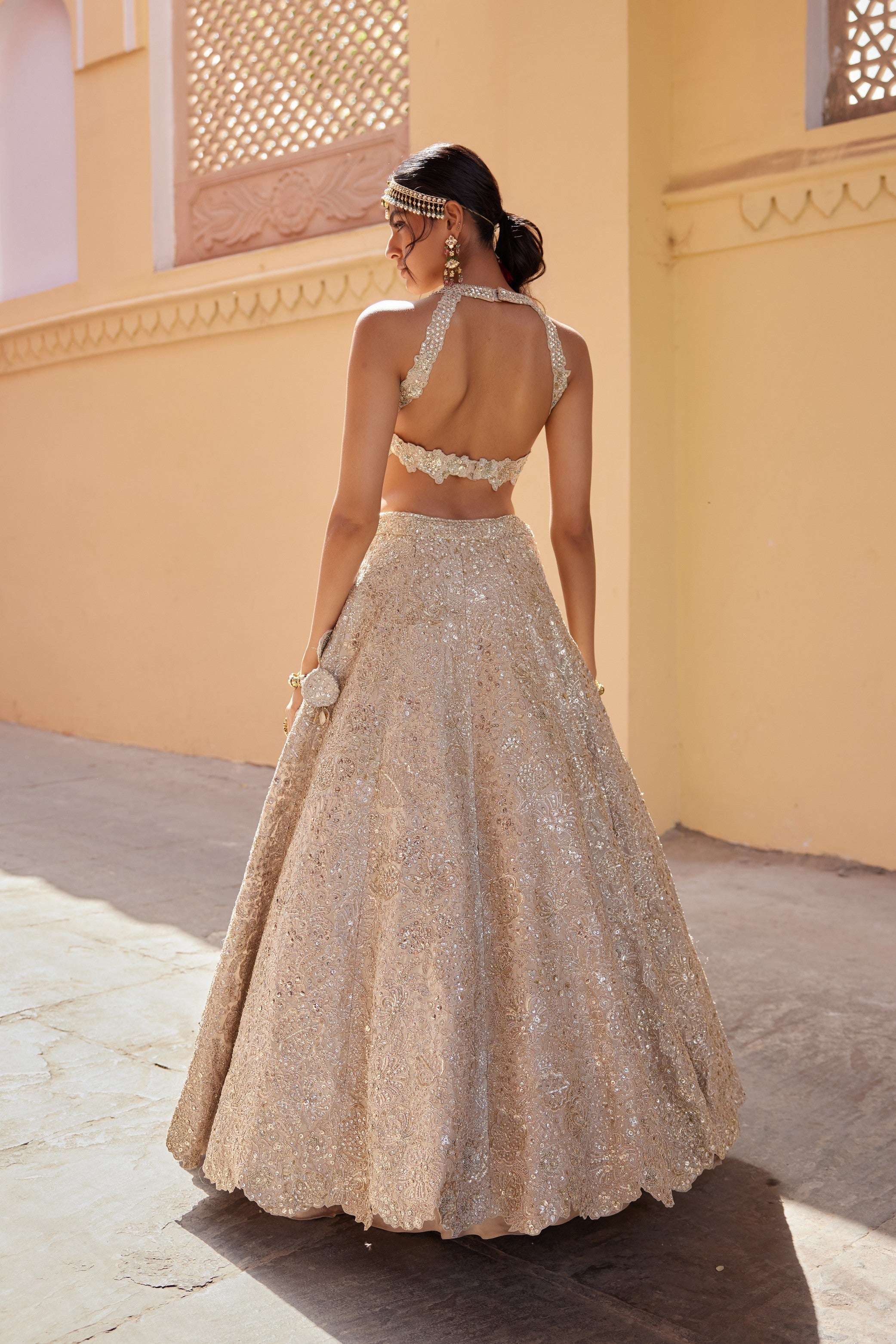 Beige Champagne Embroidered Lehenga