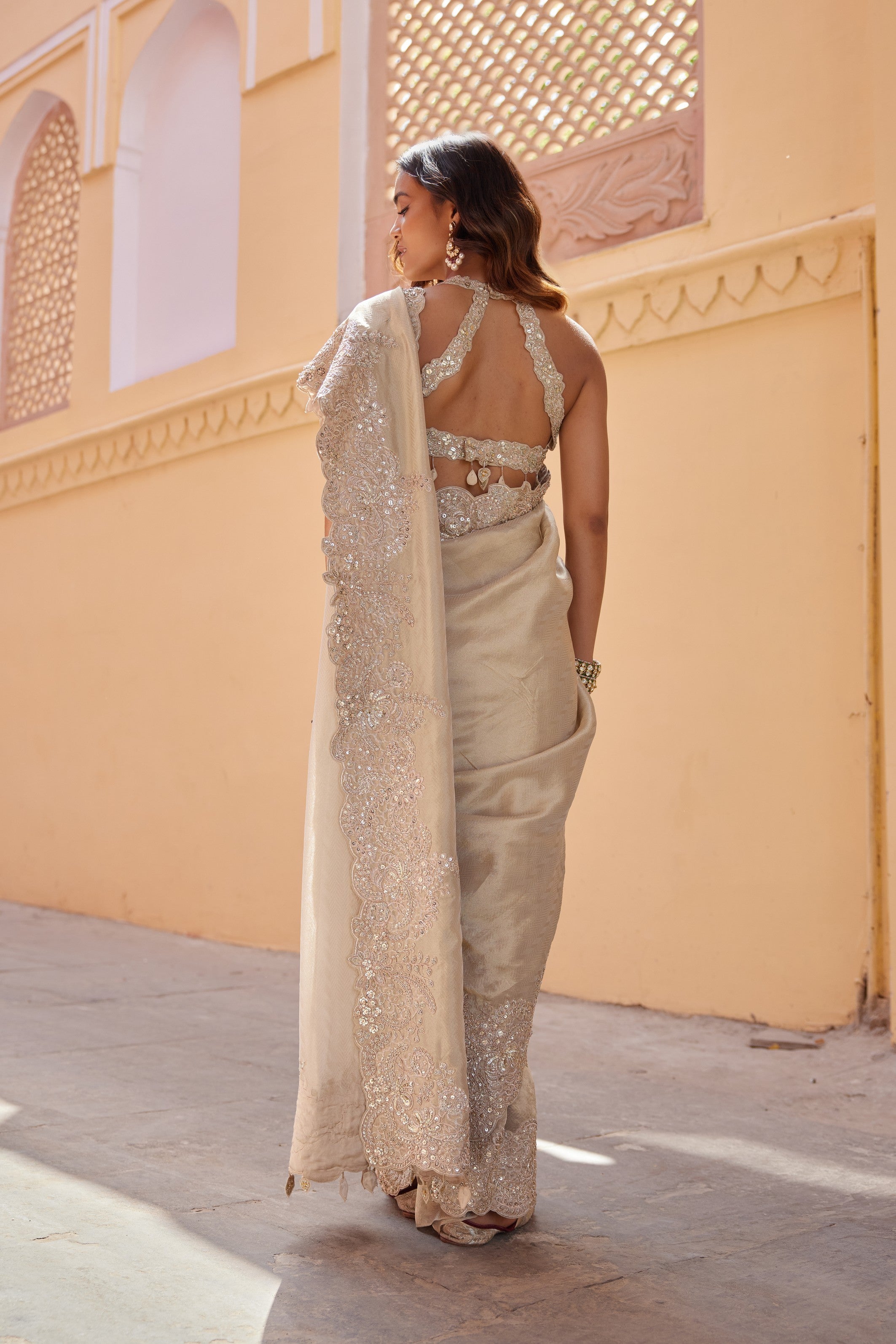 Beige Champagne Embroidered Saree