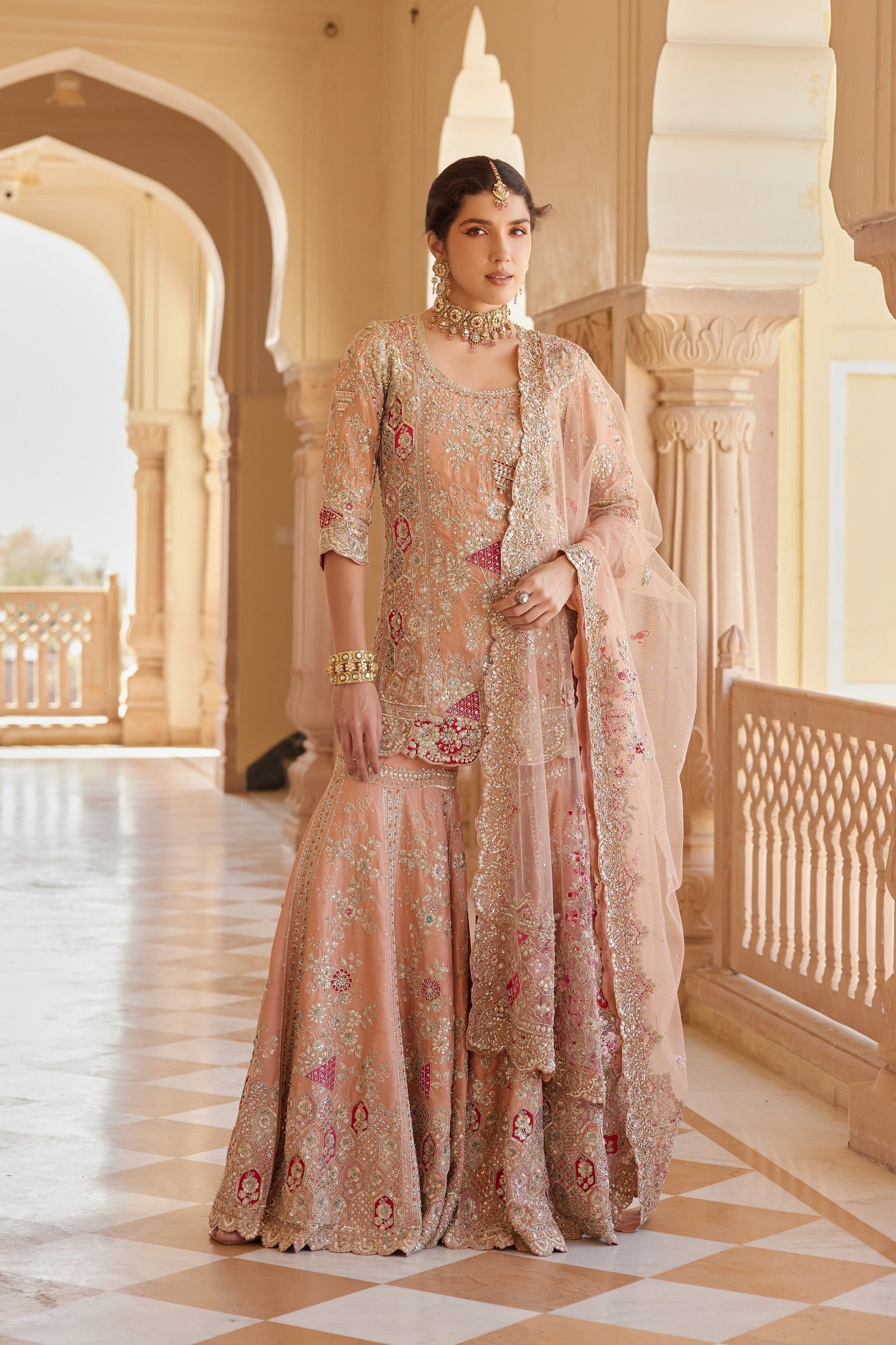 Salmon Peach Embroidered Sharara