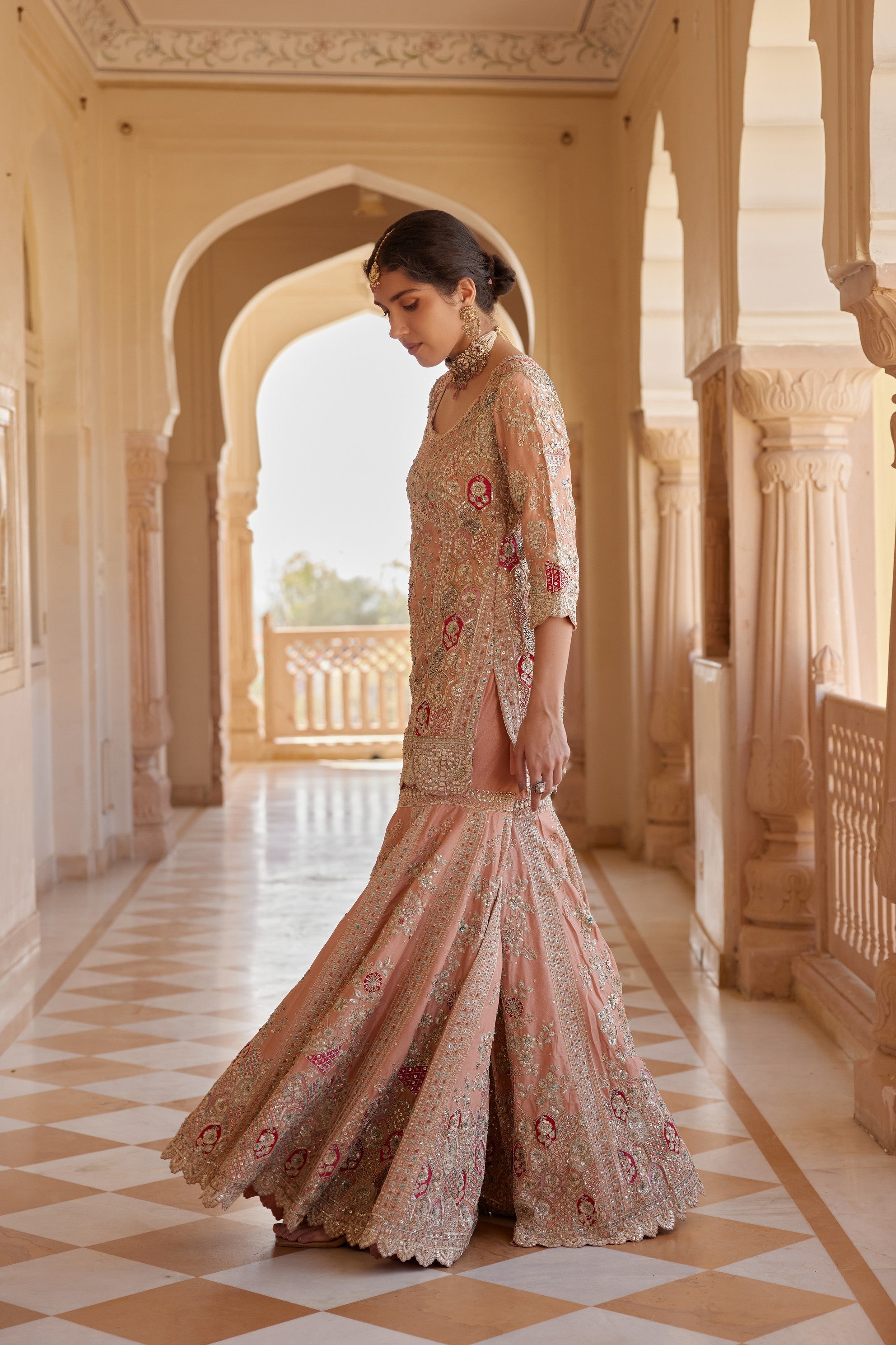 Salmon Peach Embroidered Sharara