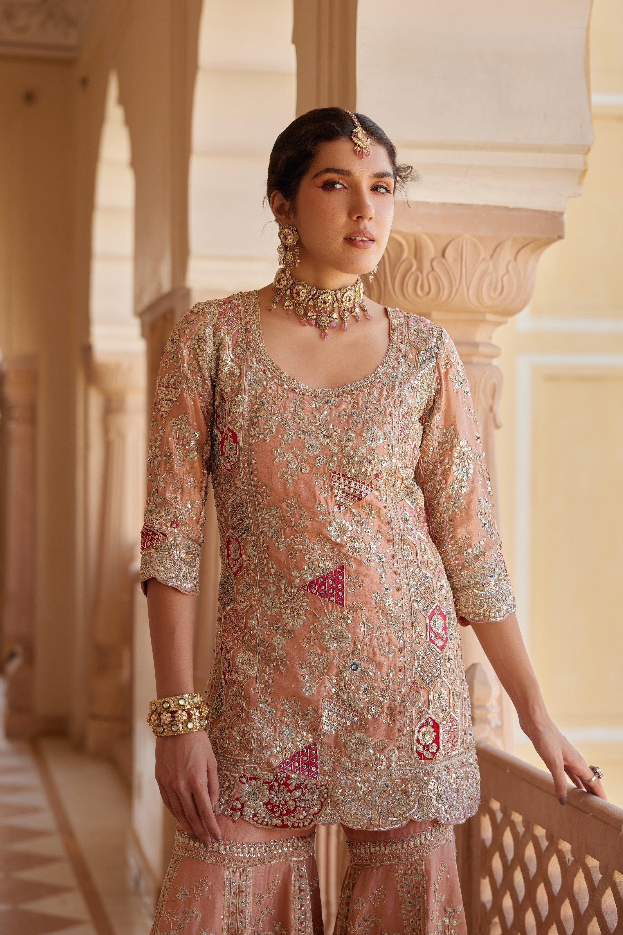 Salmon Peach Embroidered Sharara