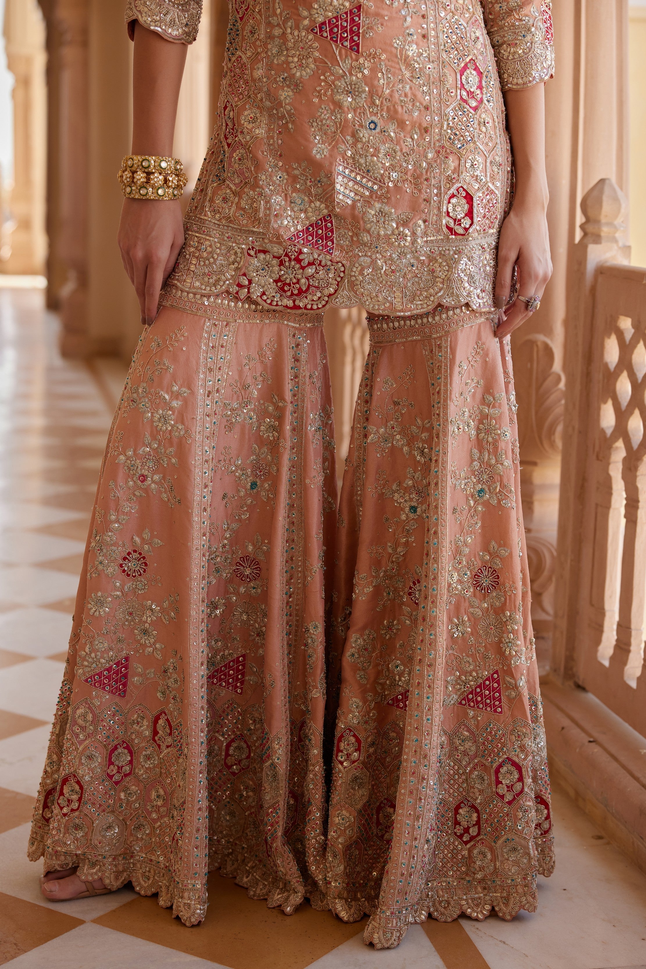 Salmon Peach Embroidered Sharara