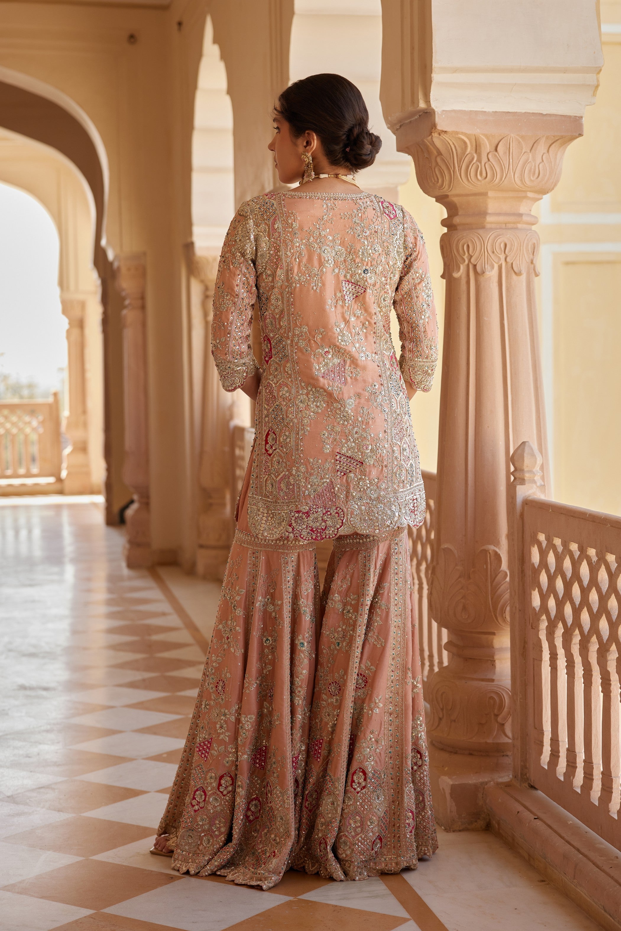 Salmon Peach Embroidered Sharara