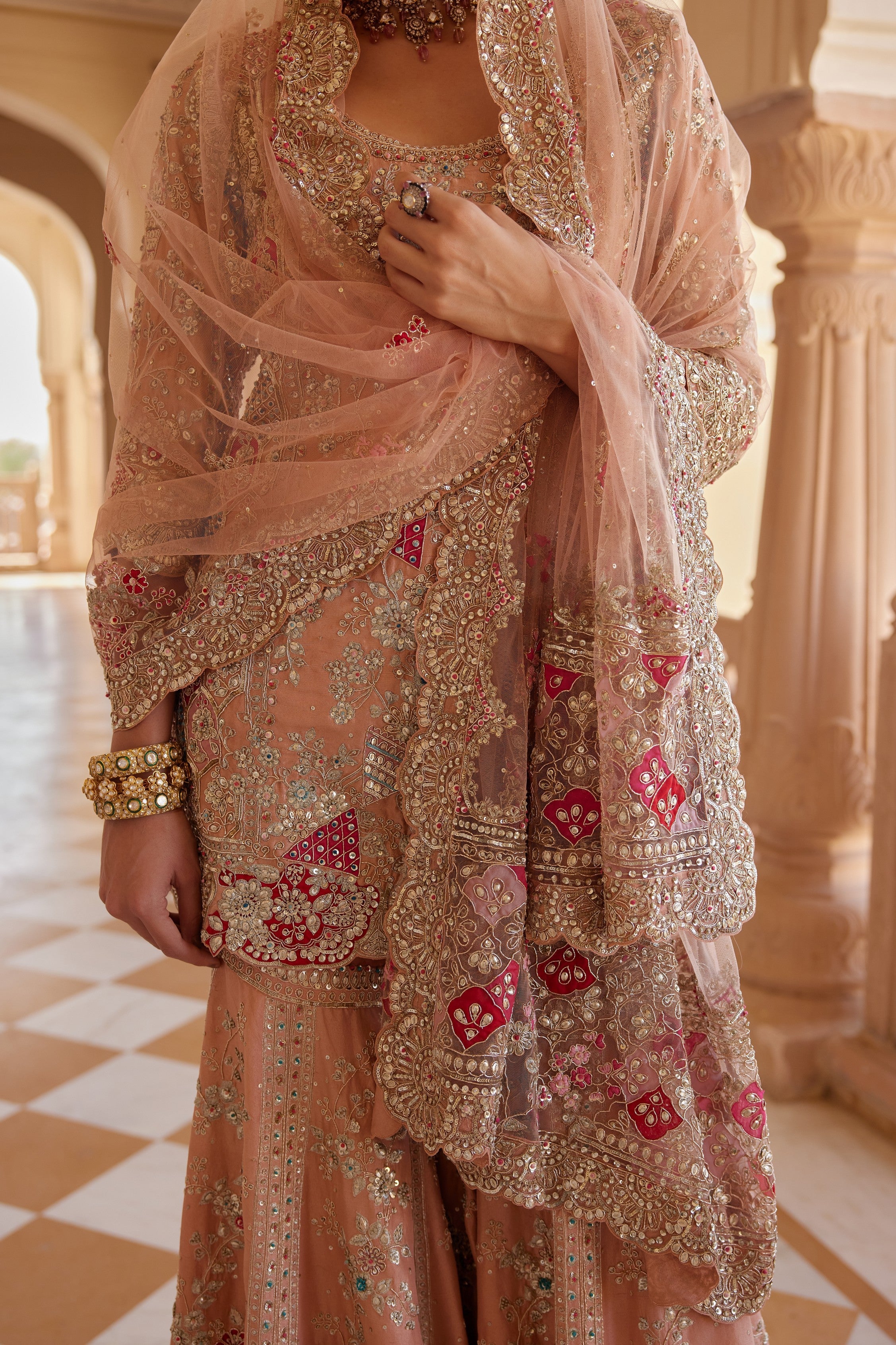 Salmon Peach Embroidered Sharara