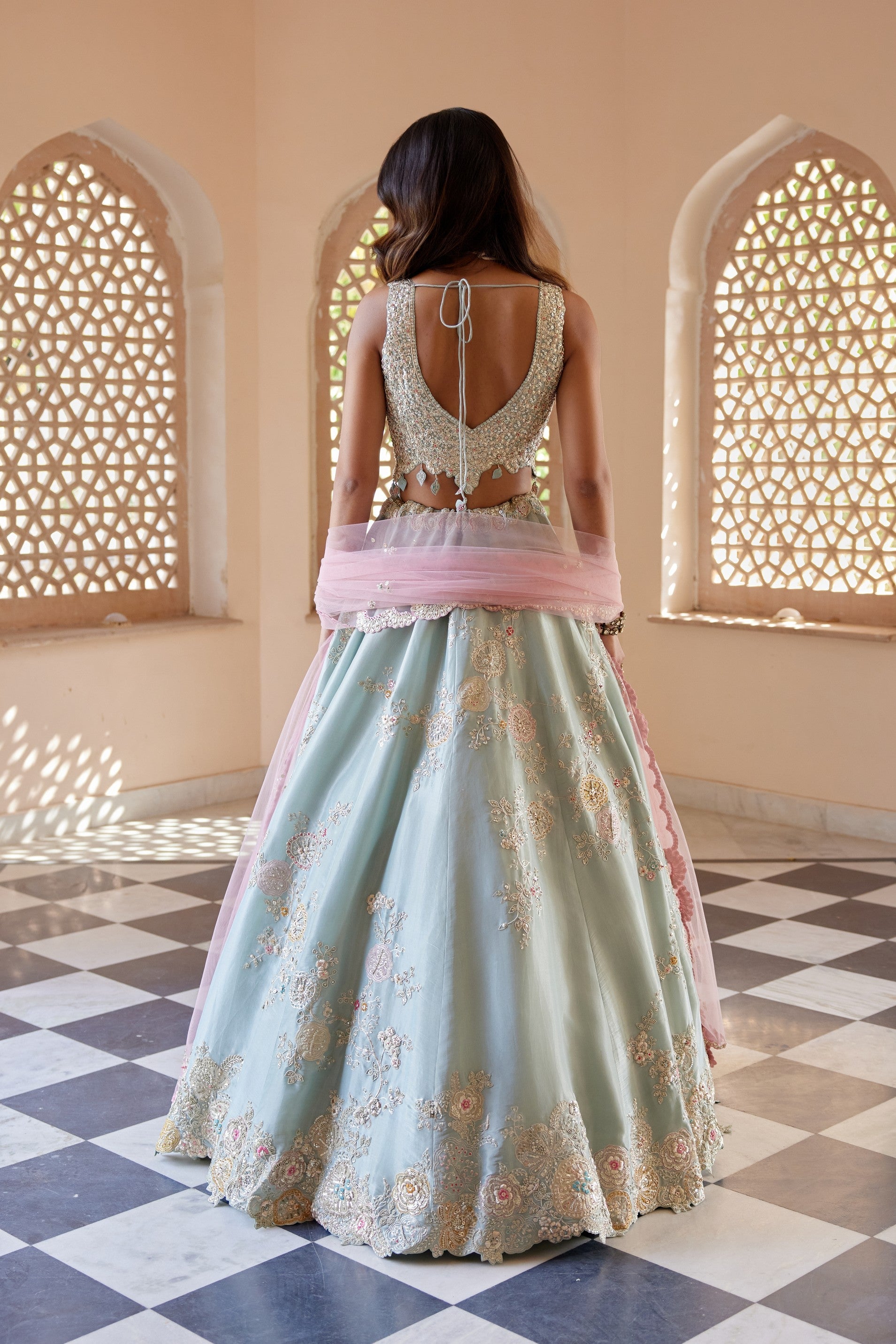 Tea Green Embroidered Lehenga