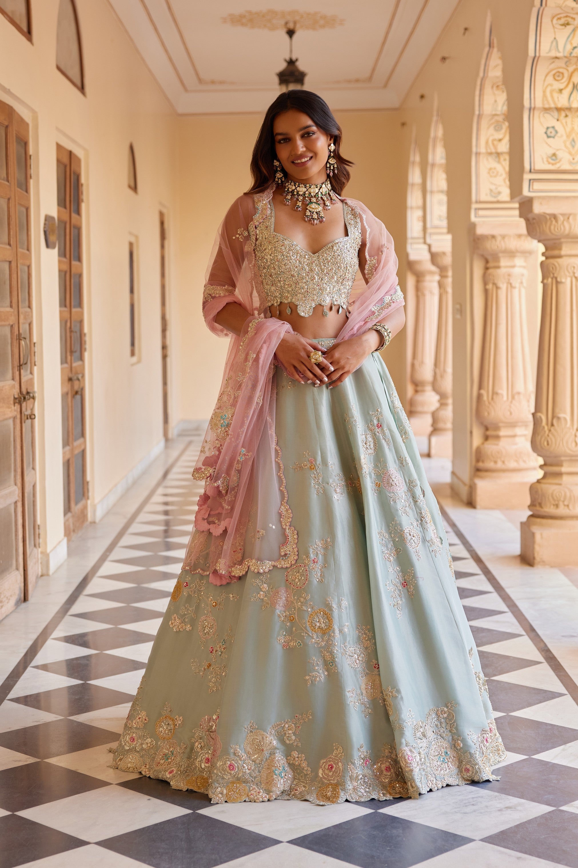 Tea Green Embroidered Lehenga