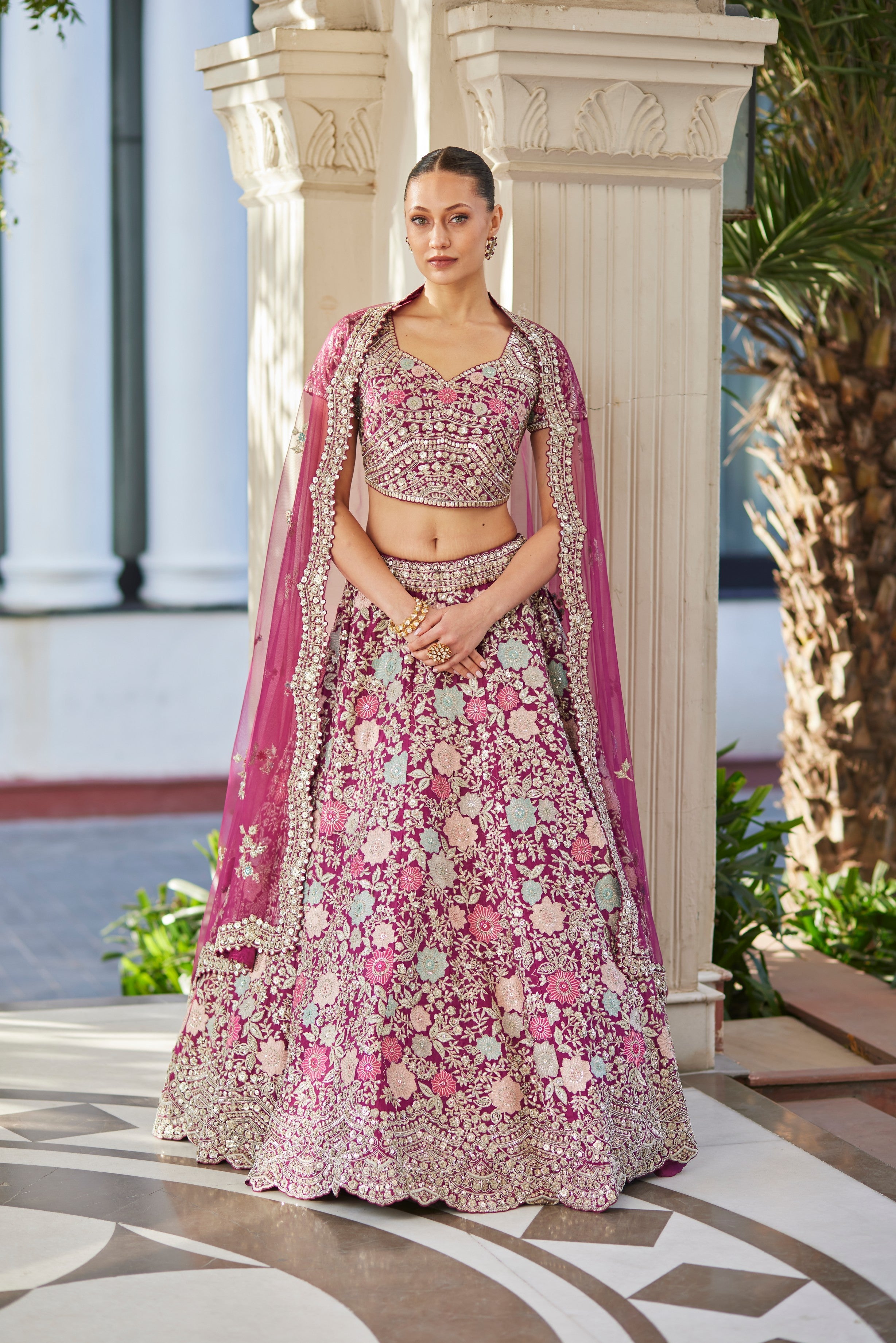 Plum Organza Embroidered Lehenga