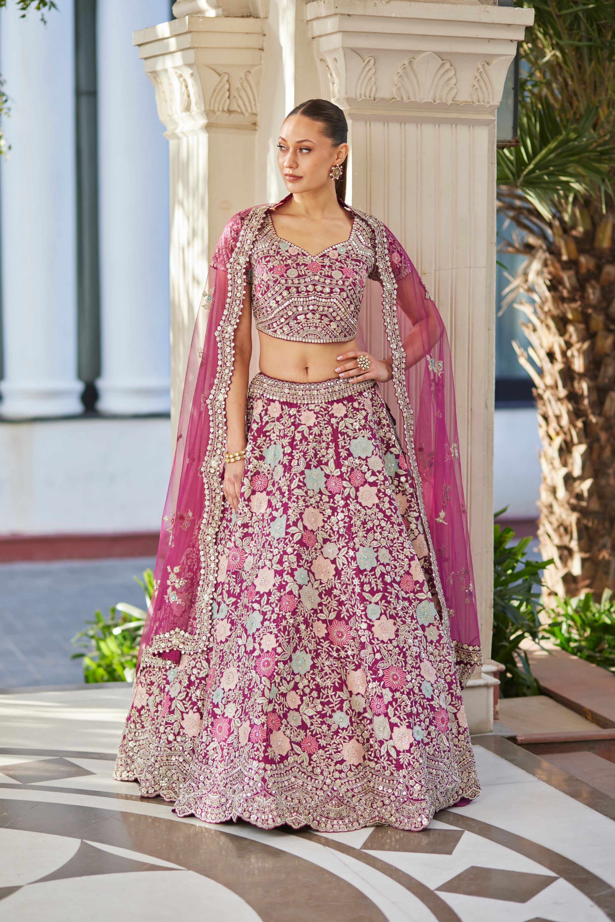 Plum Organza Embroidered Lehenga