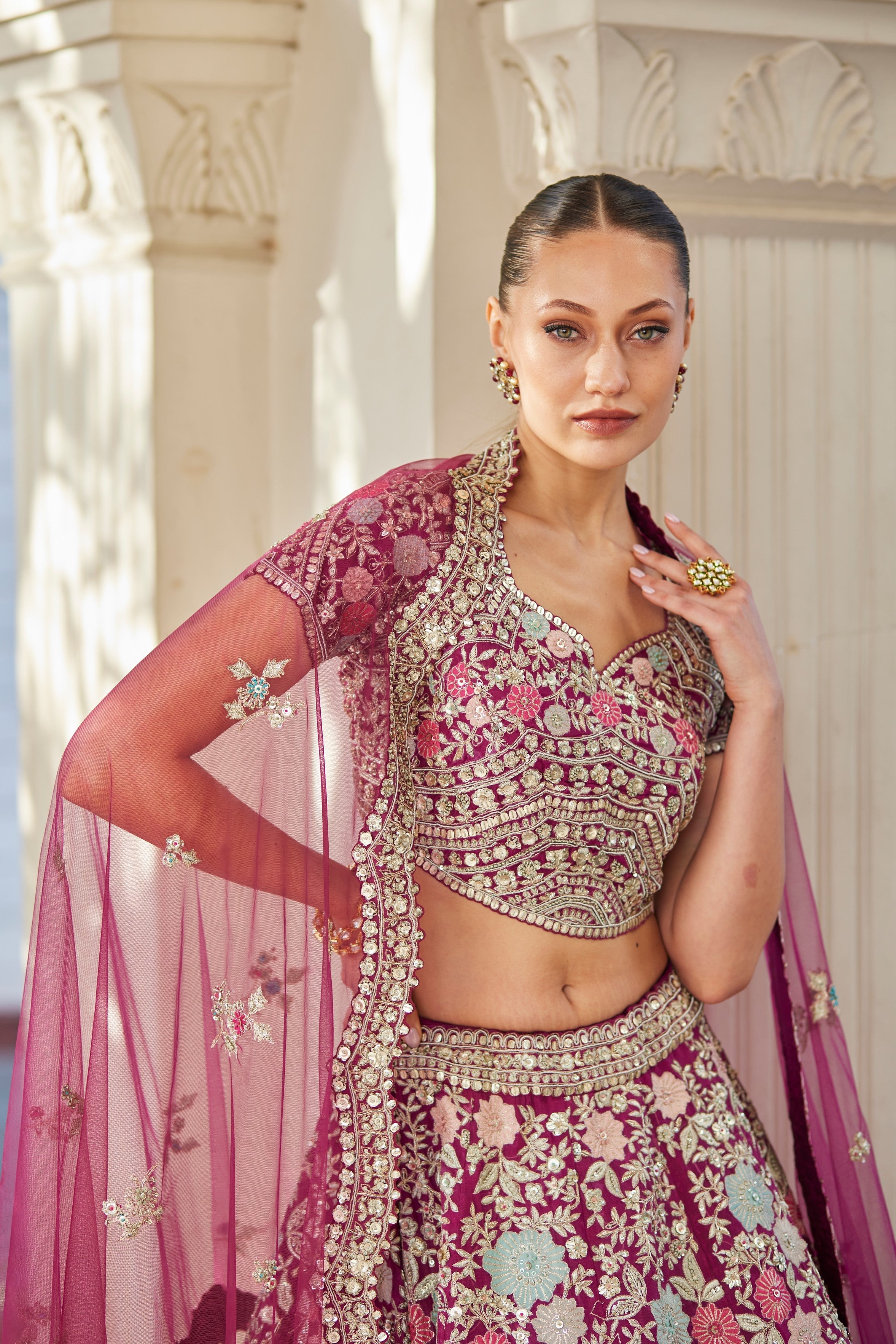 Plum Organza Embroidered Lehenga