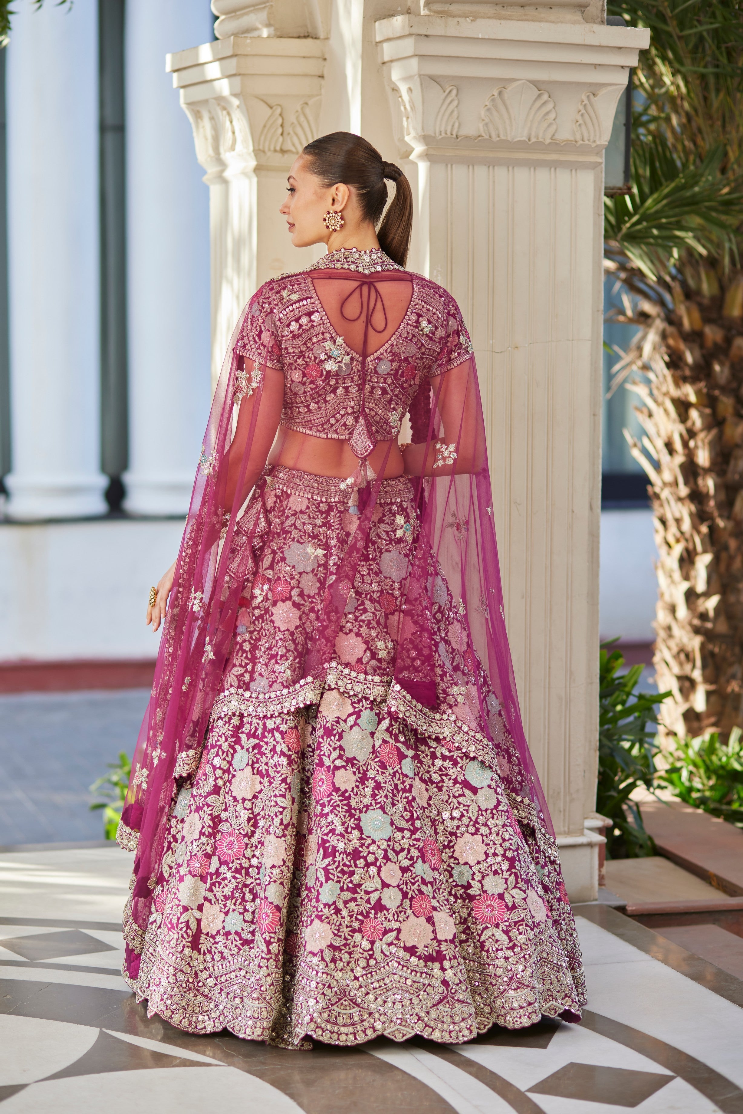 Plum Organza Embroidered Lehenga