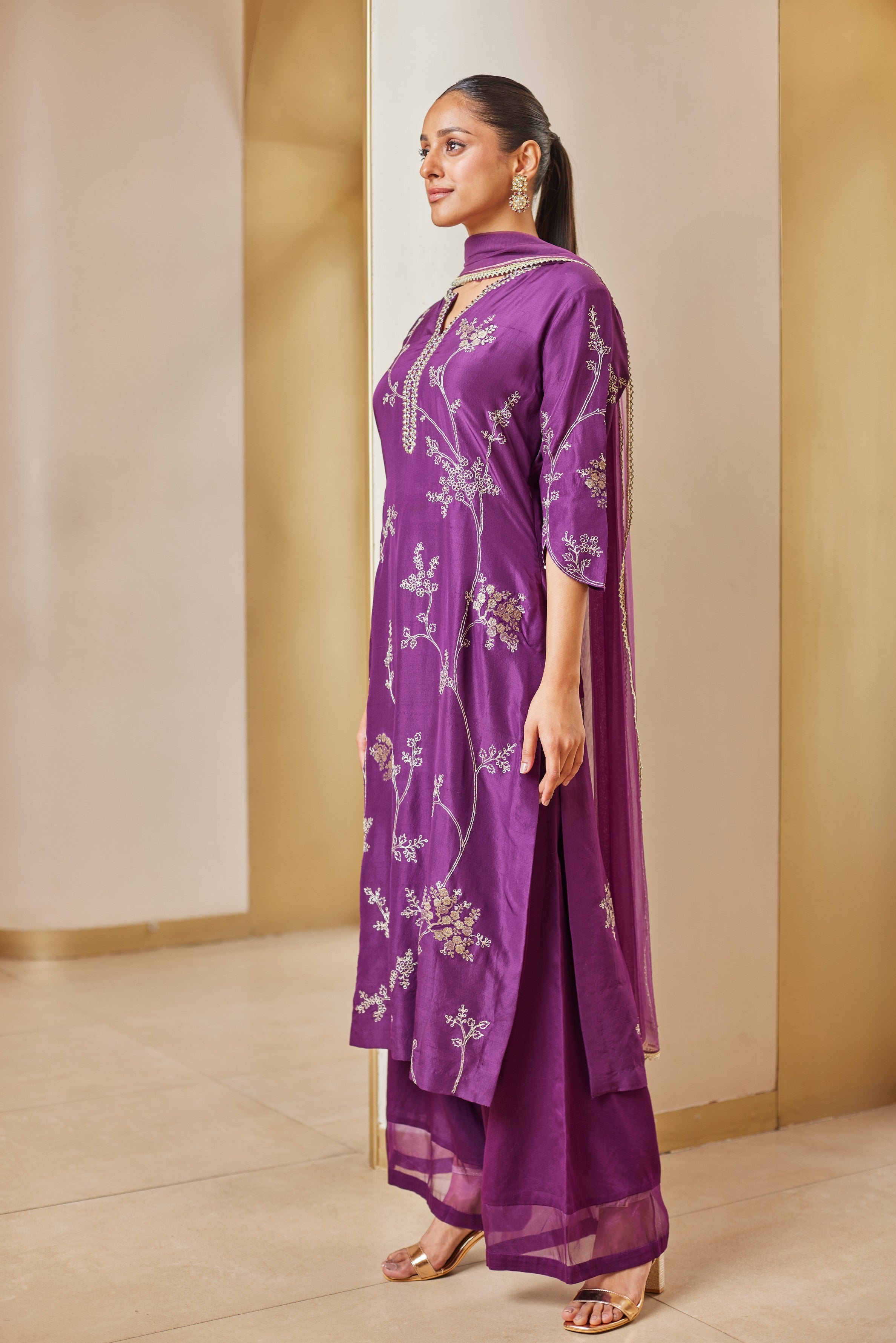 Aubergine Mulberry Embroidered Straight Suit