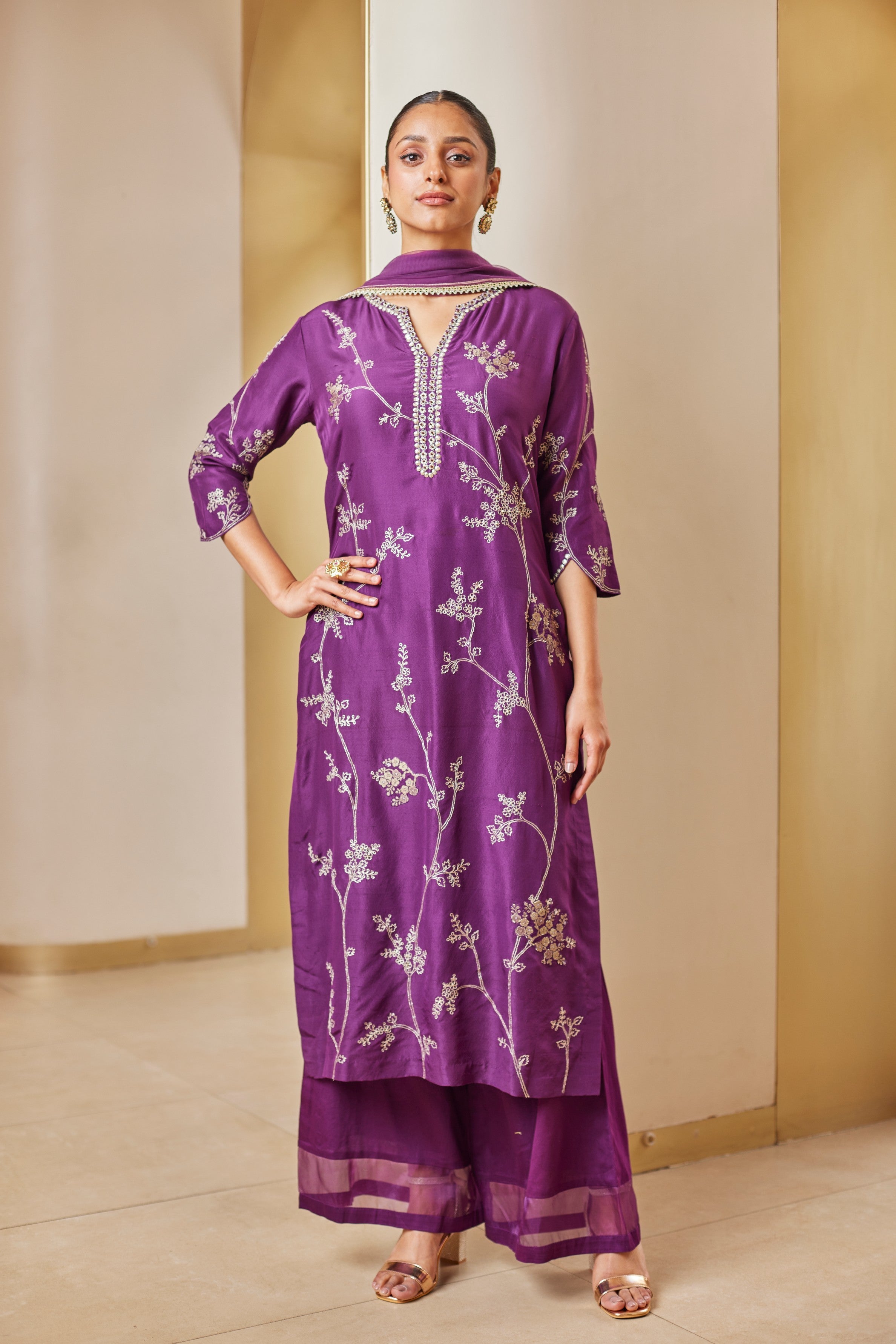 Aubergine Mulberry Embroidered Straight Suit