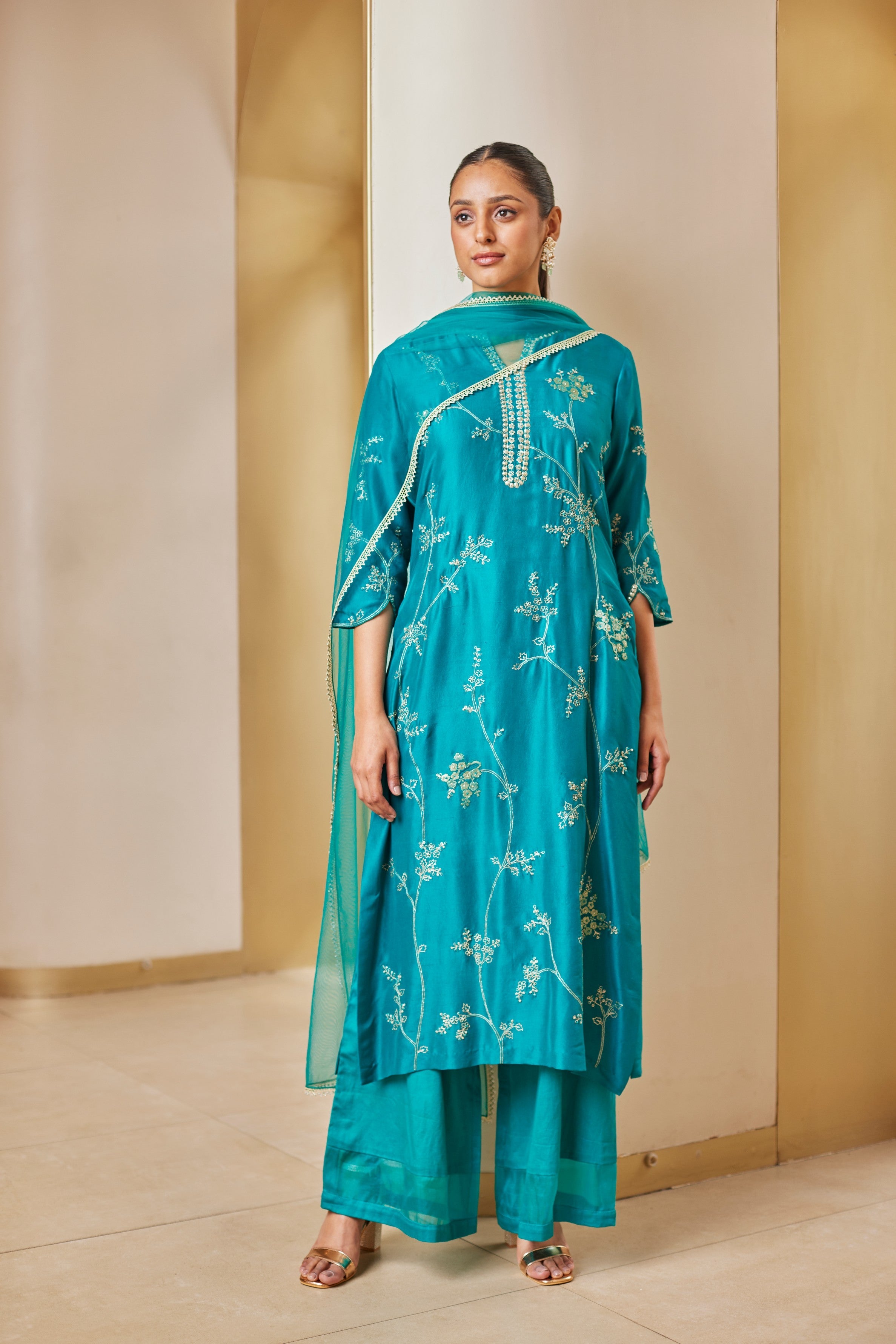 Pine Green Embroidered Straight Suit