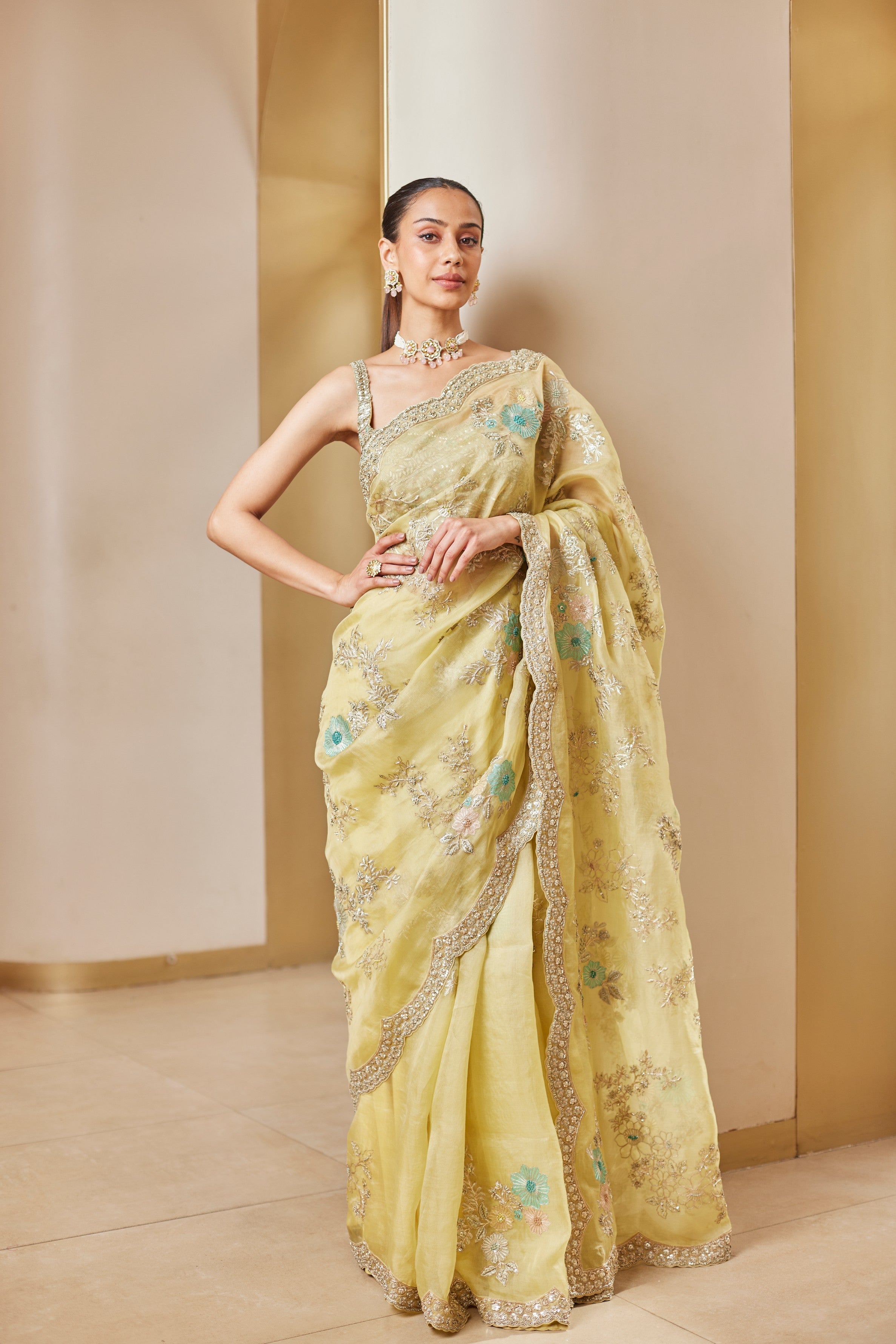 Taupe Lemon Embroidered Saree