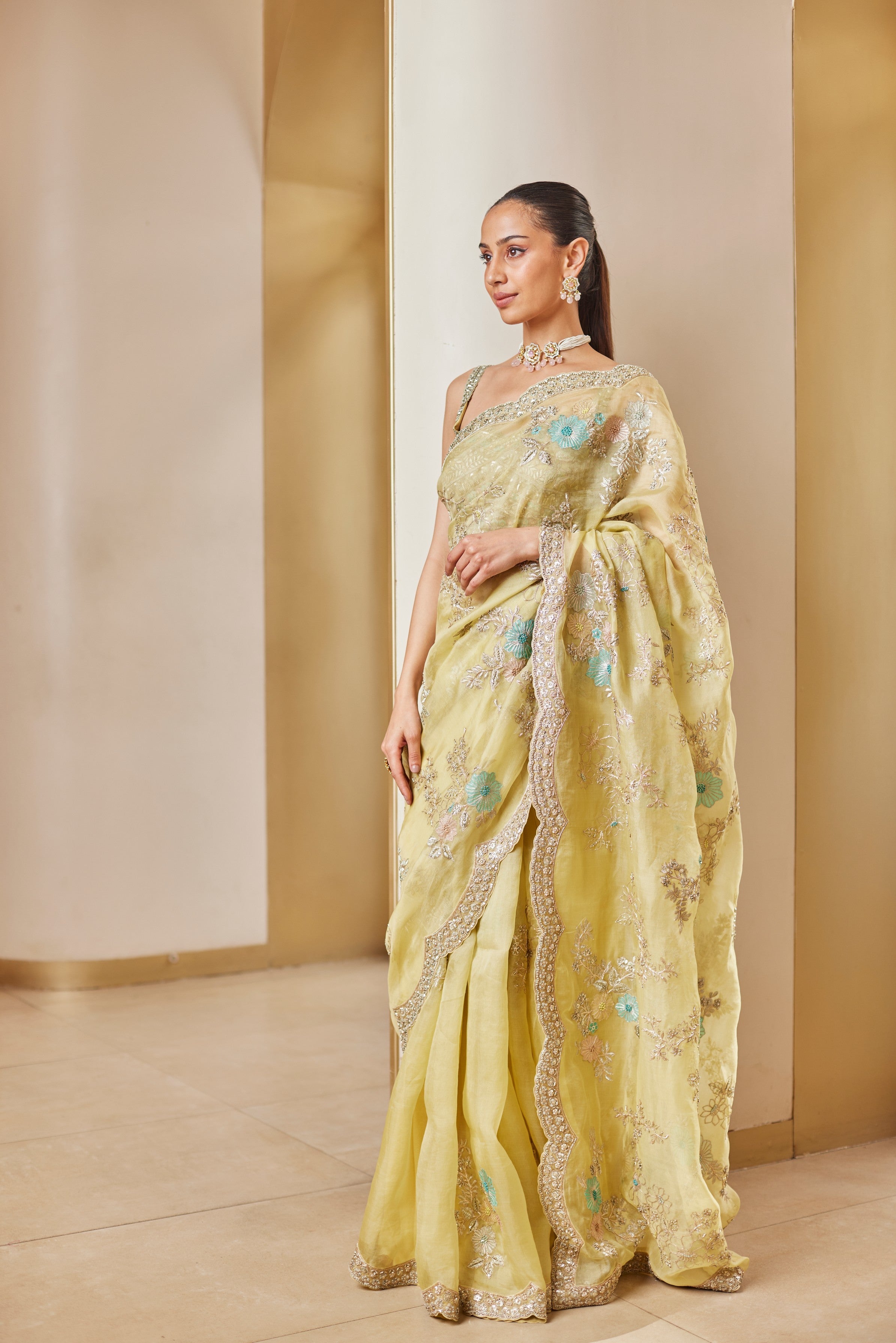 Taupe Lemon Embroidered Saree