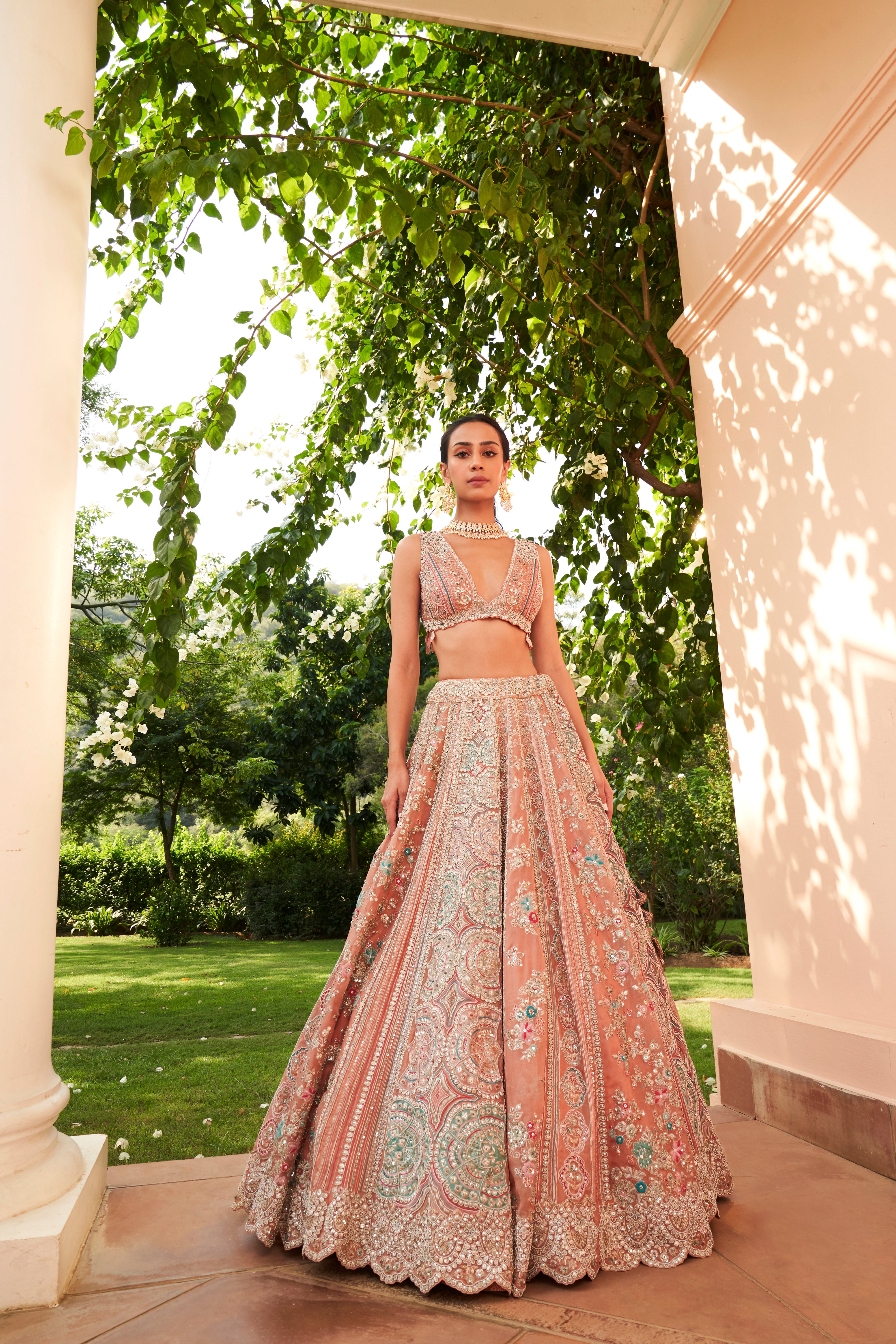 CORAL EMBROIDERED LEHENGA SET