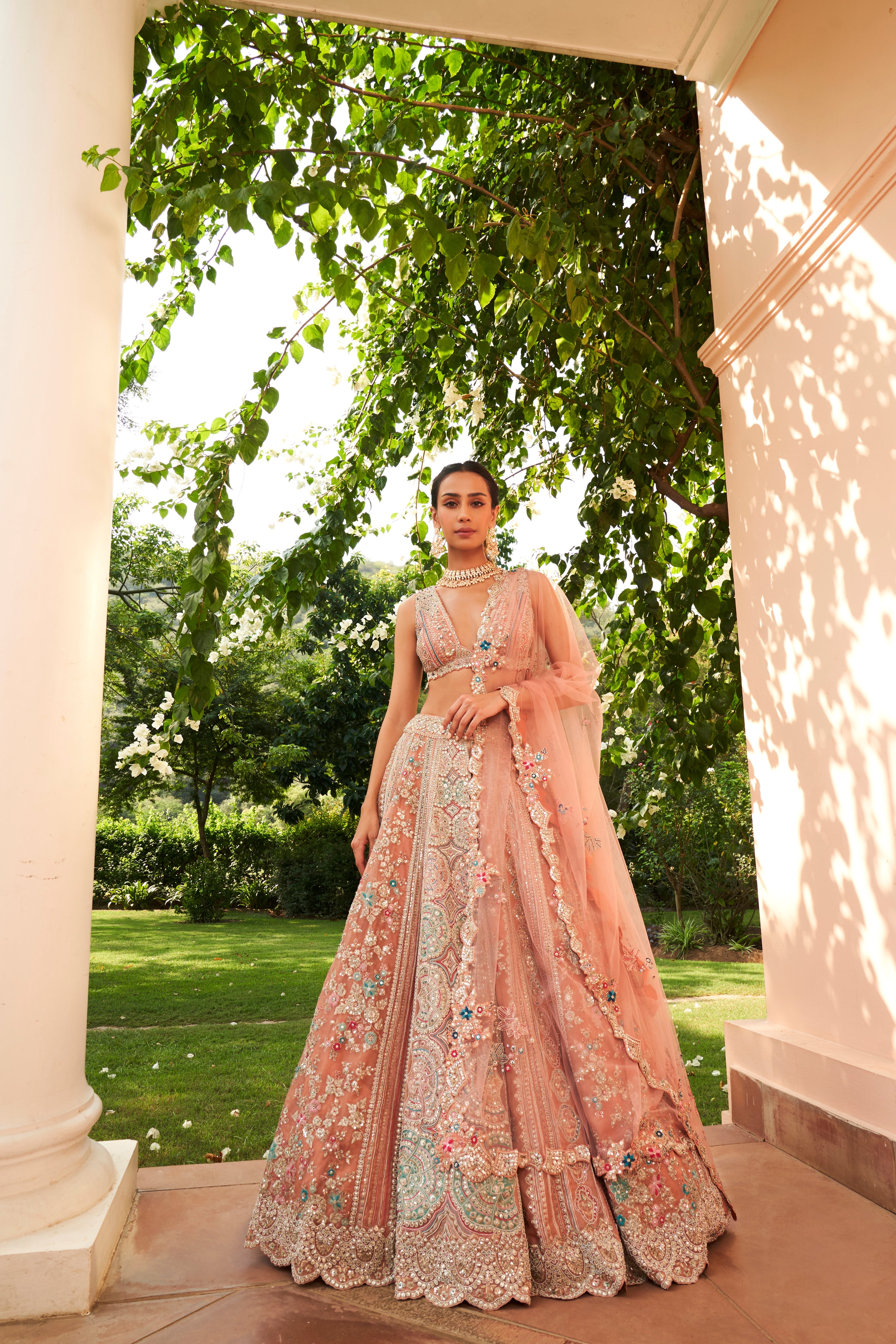 CORAL EMBROIDERED LEHENGA SET