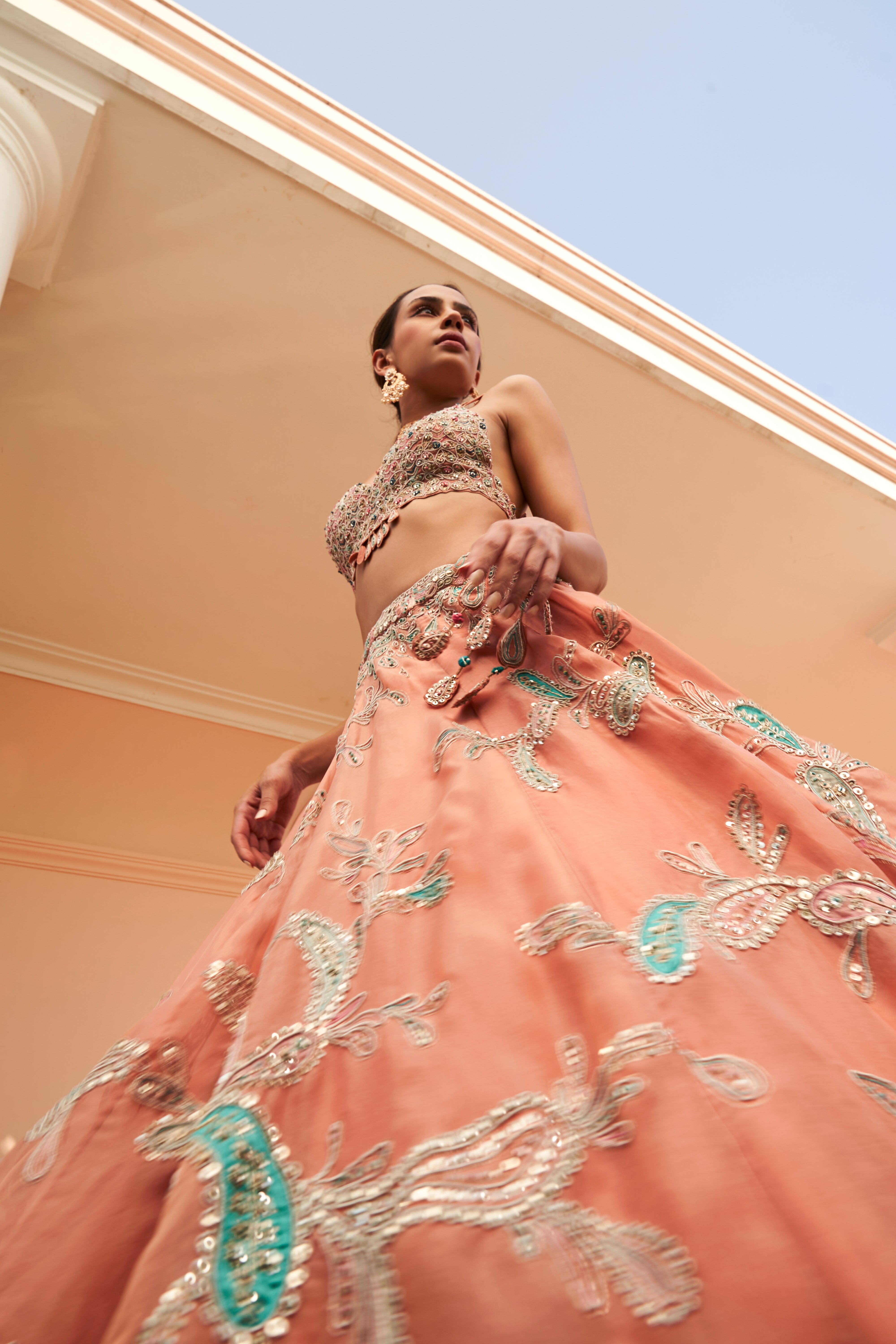 CORAL EMBROIDERED LEHENGA SET