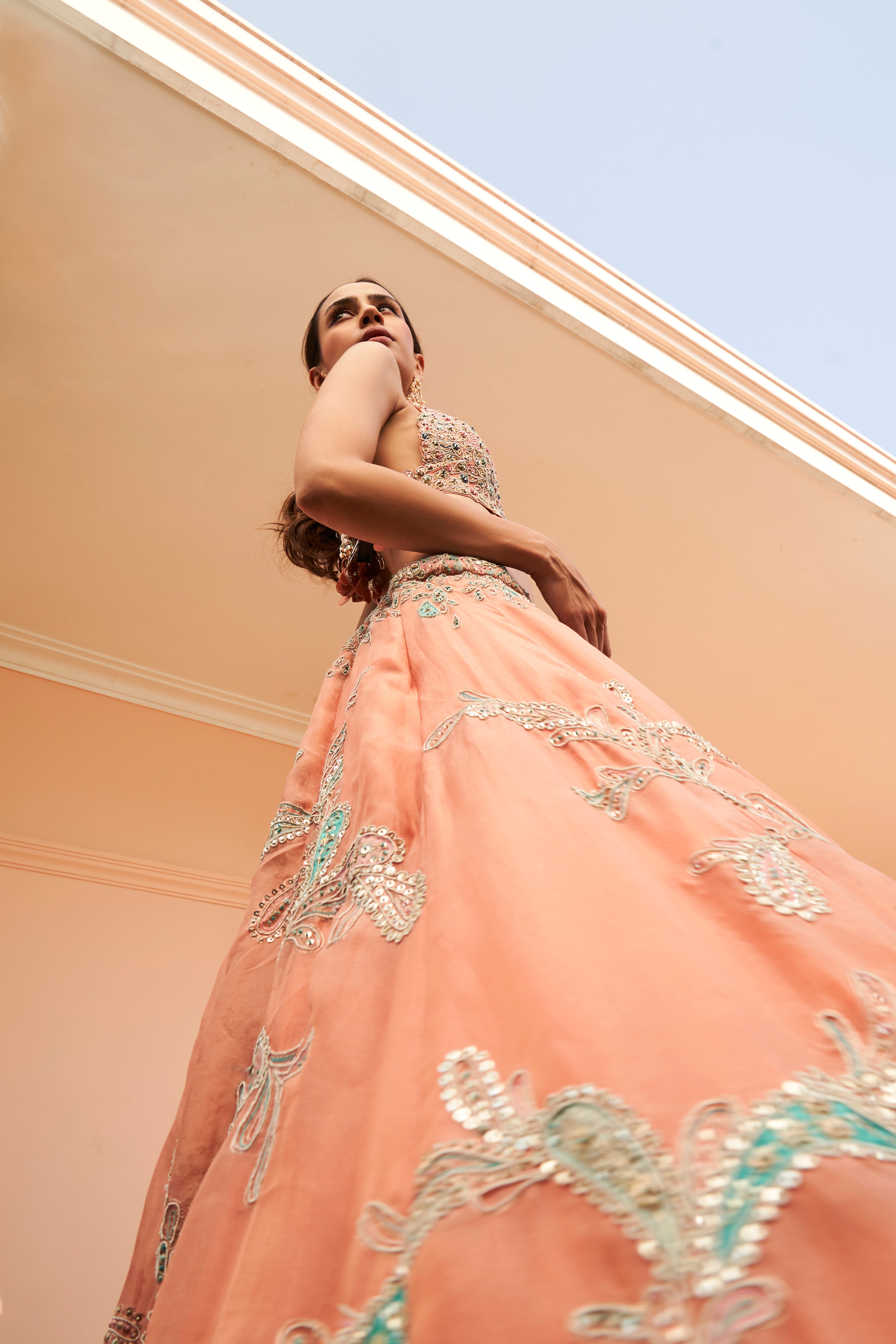 CORAL EMBROIDERED LEHENGA SET