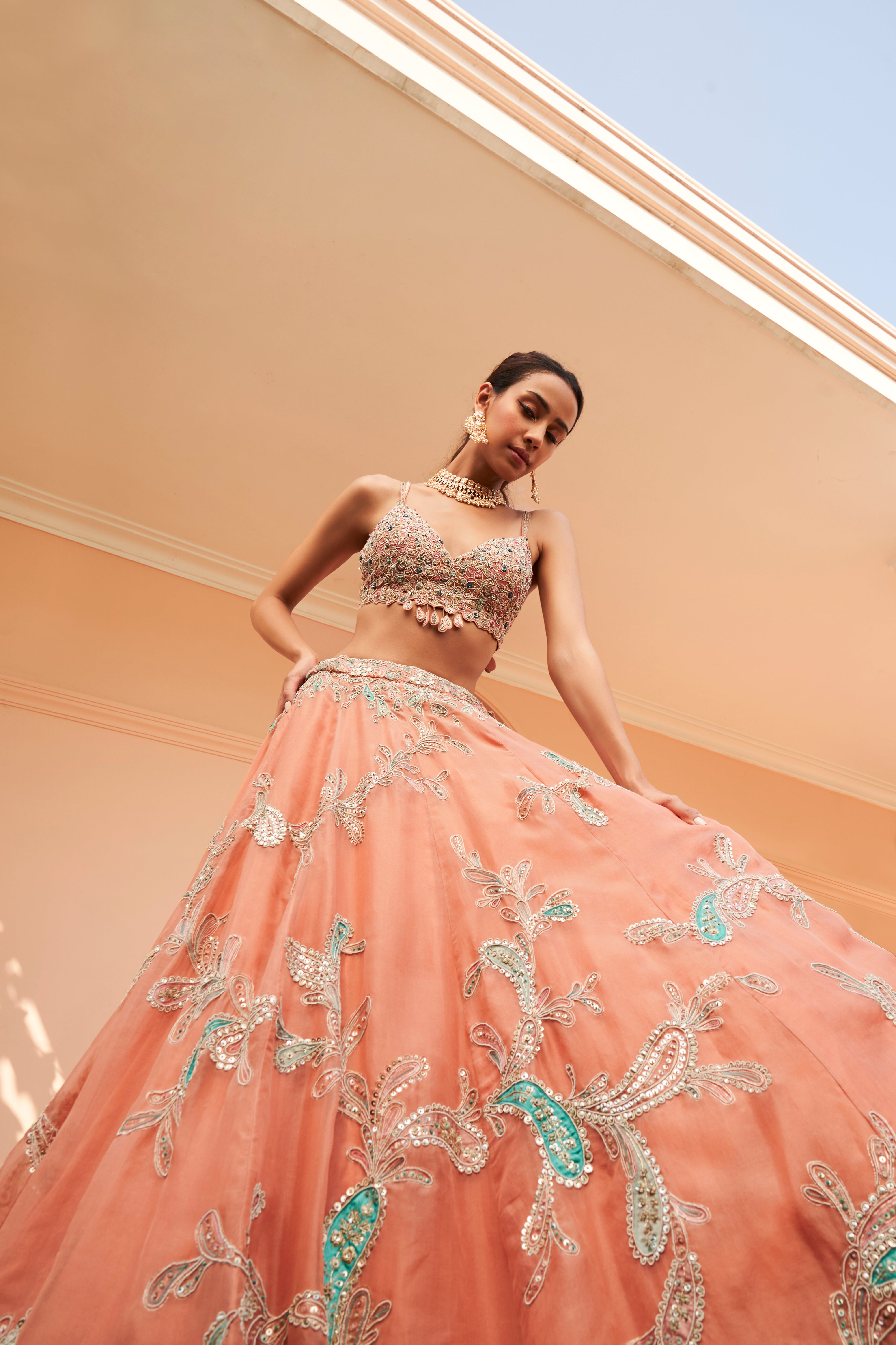 CORAL EMBROIDERED LEHENGA SET