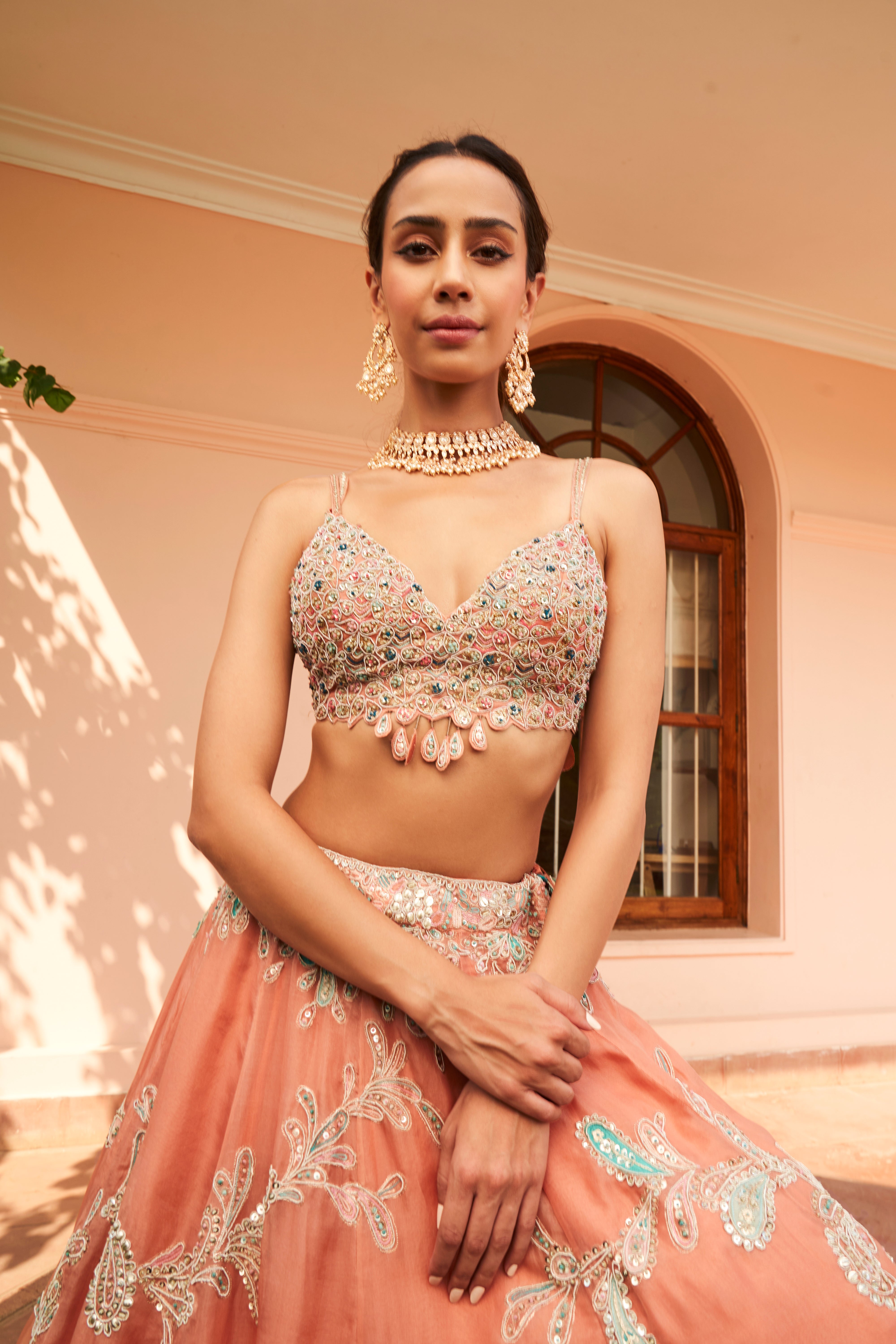 CORAL EMBROIDERED LEHENGA SET