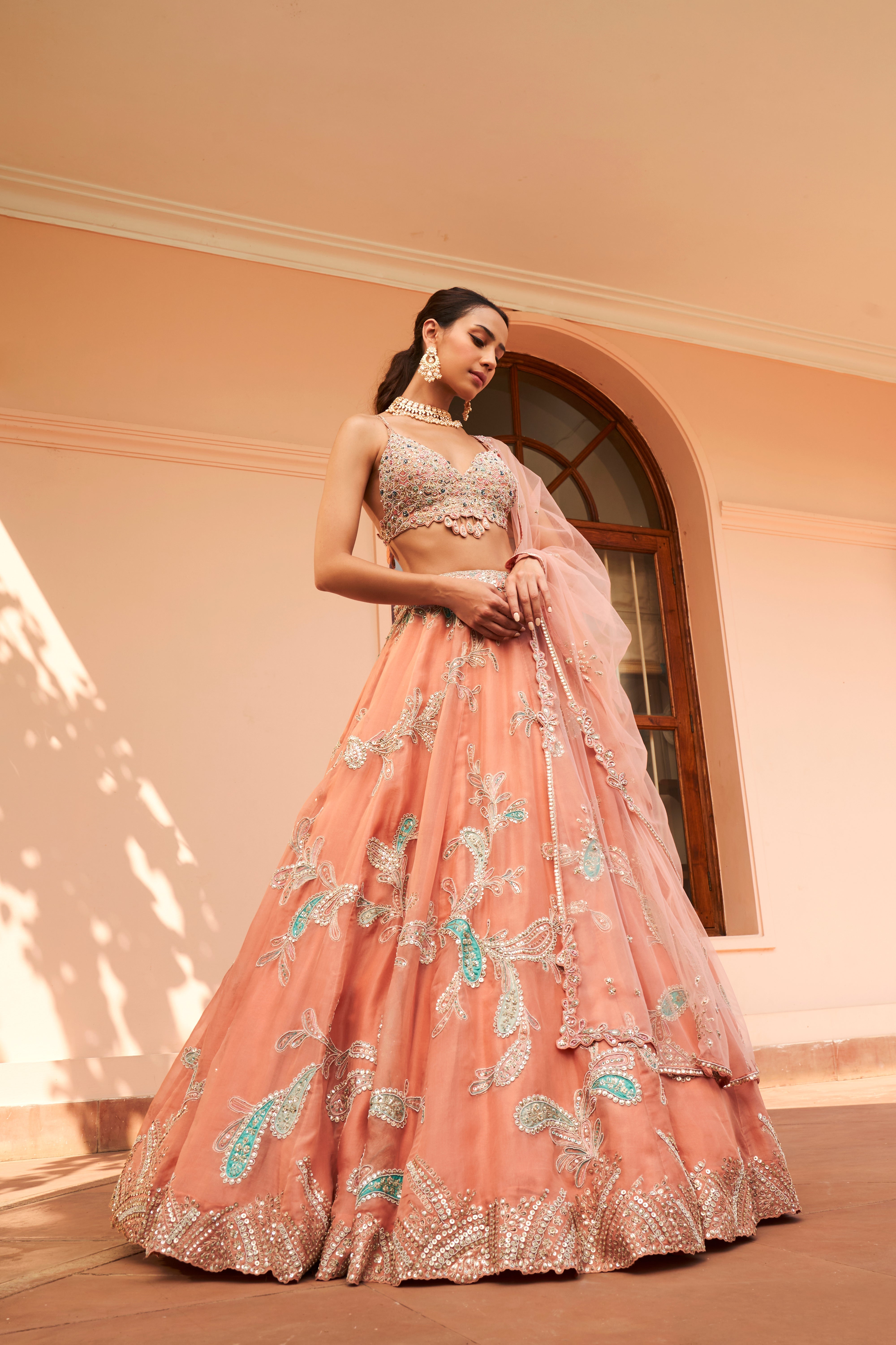 CORAL EMBROIDERED LEHENGA SET