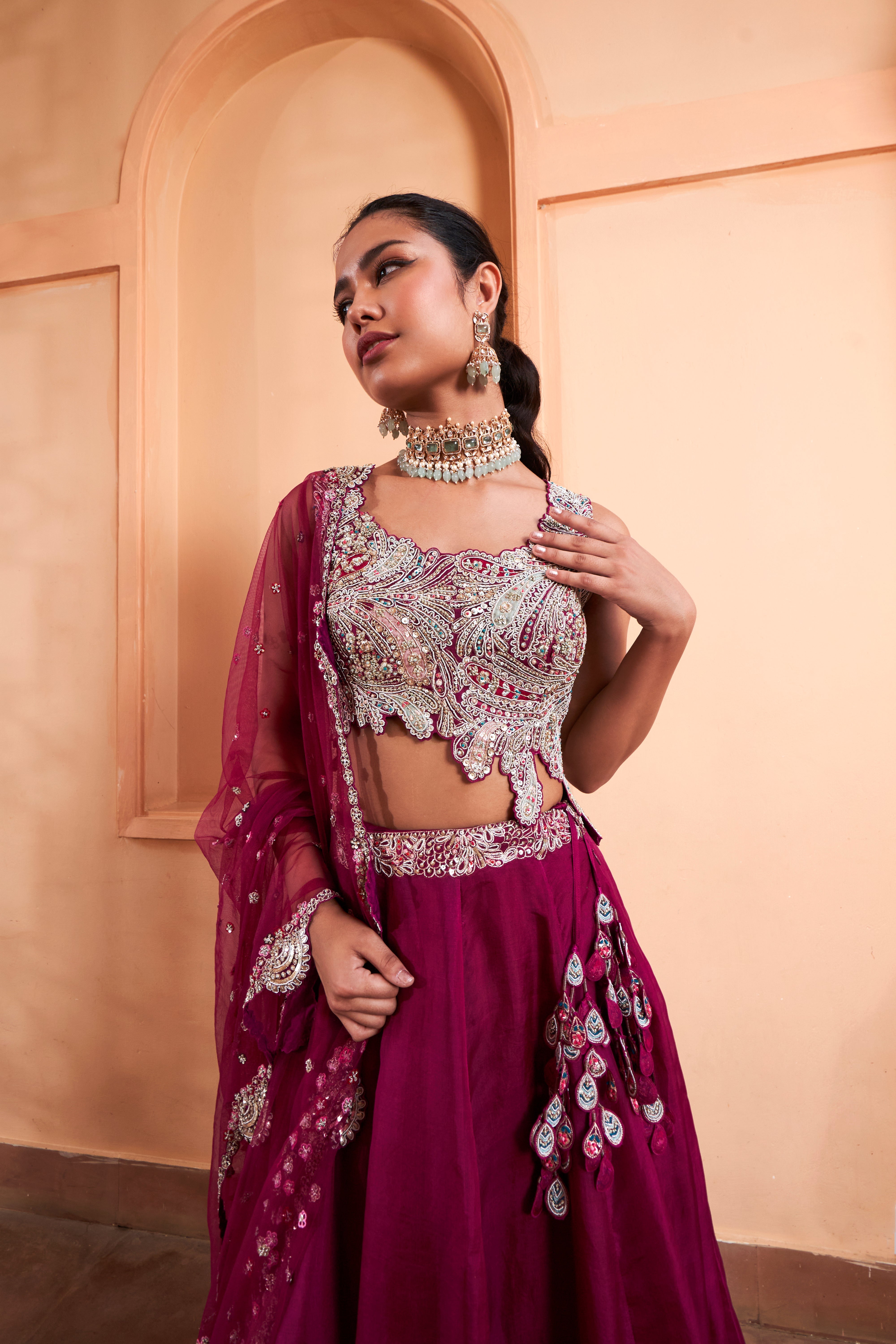 CUT RUBY EMBROIDERED LEHENGA SET