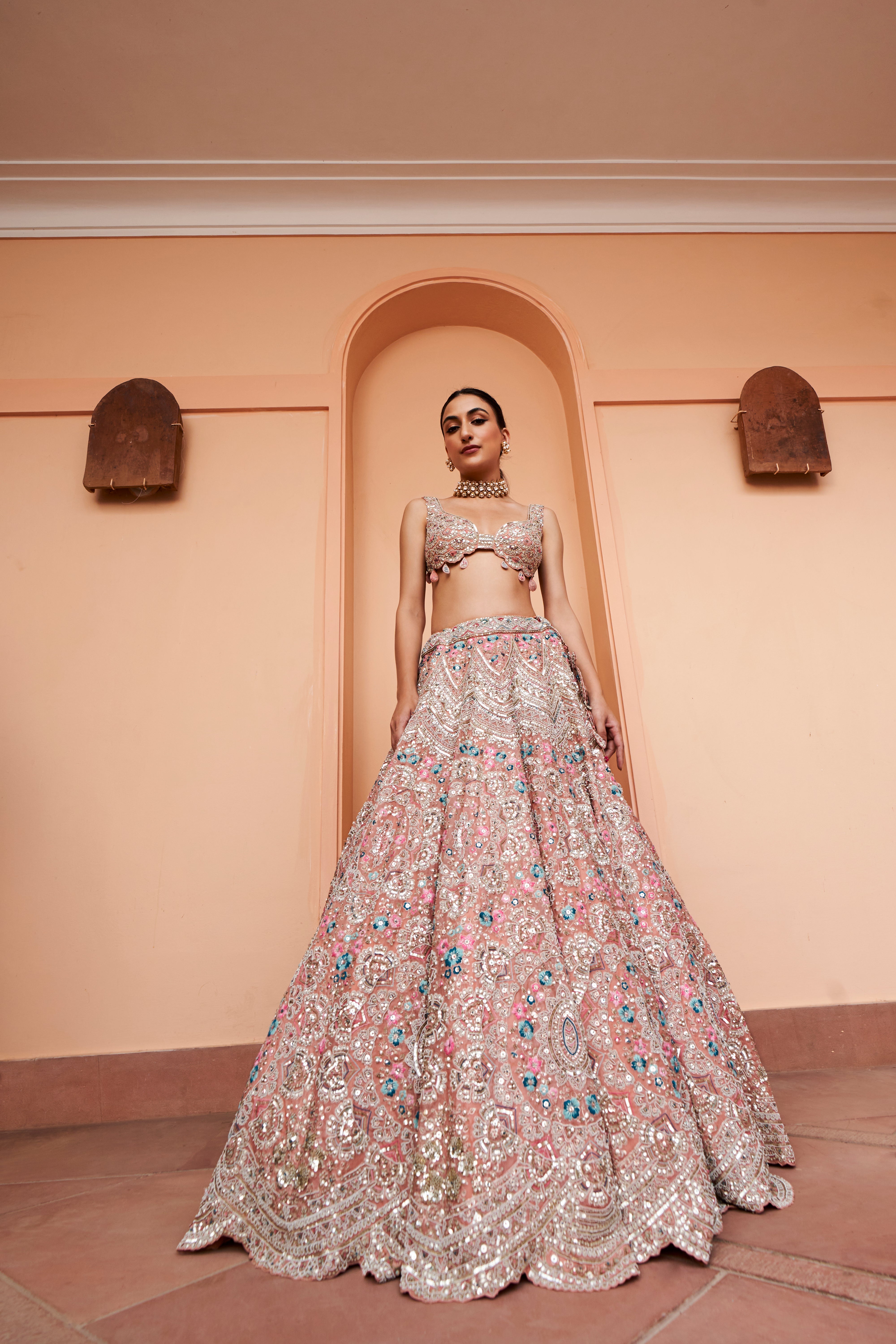 CORAL EMBROIDERED LEHENGA SET