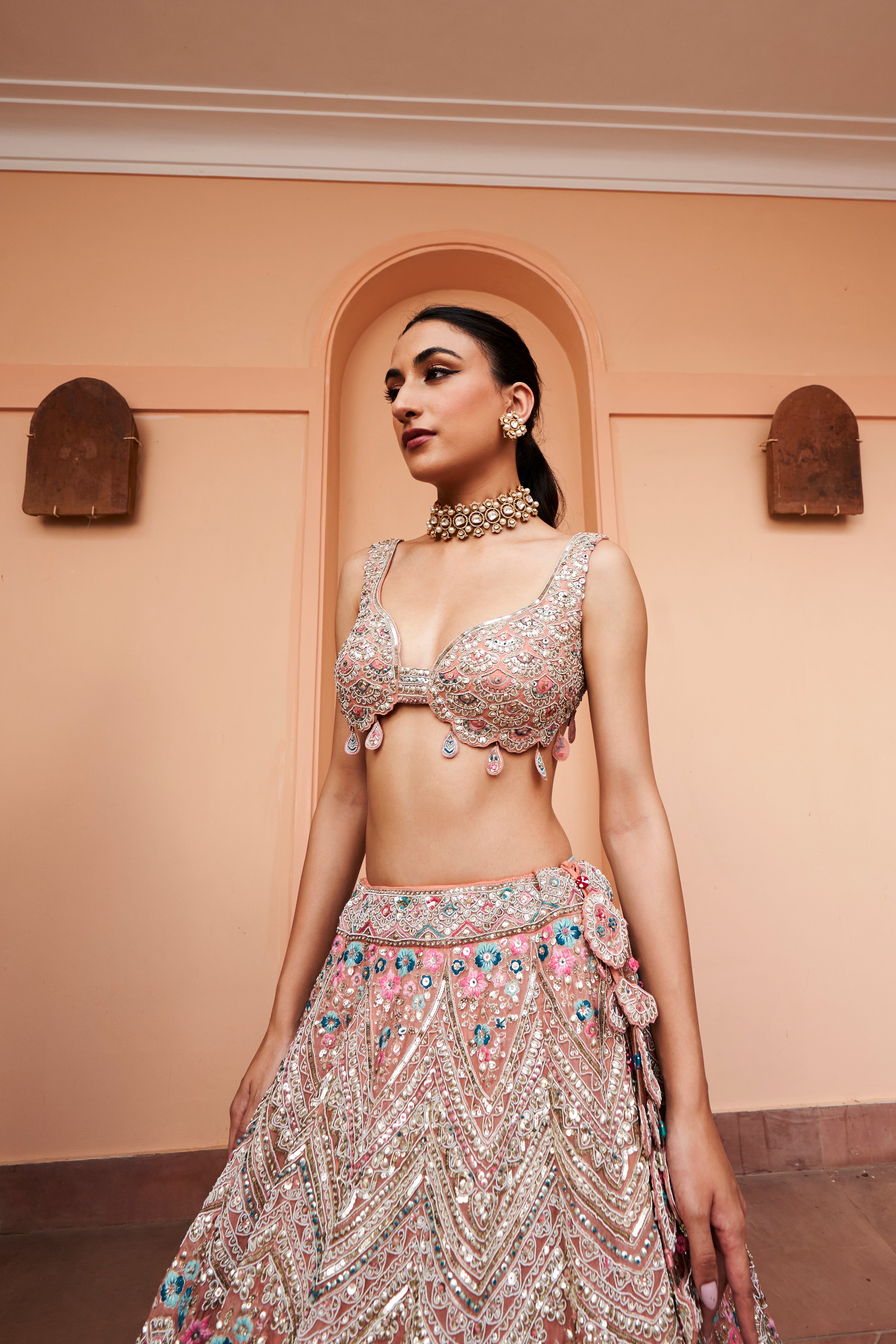 CORAL EMBROIDERED LEHENGA SET