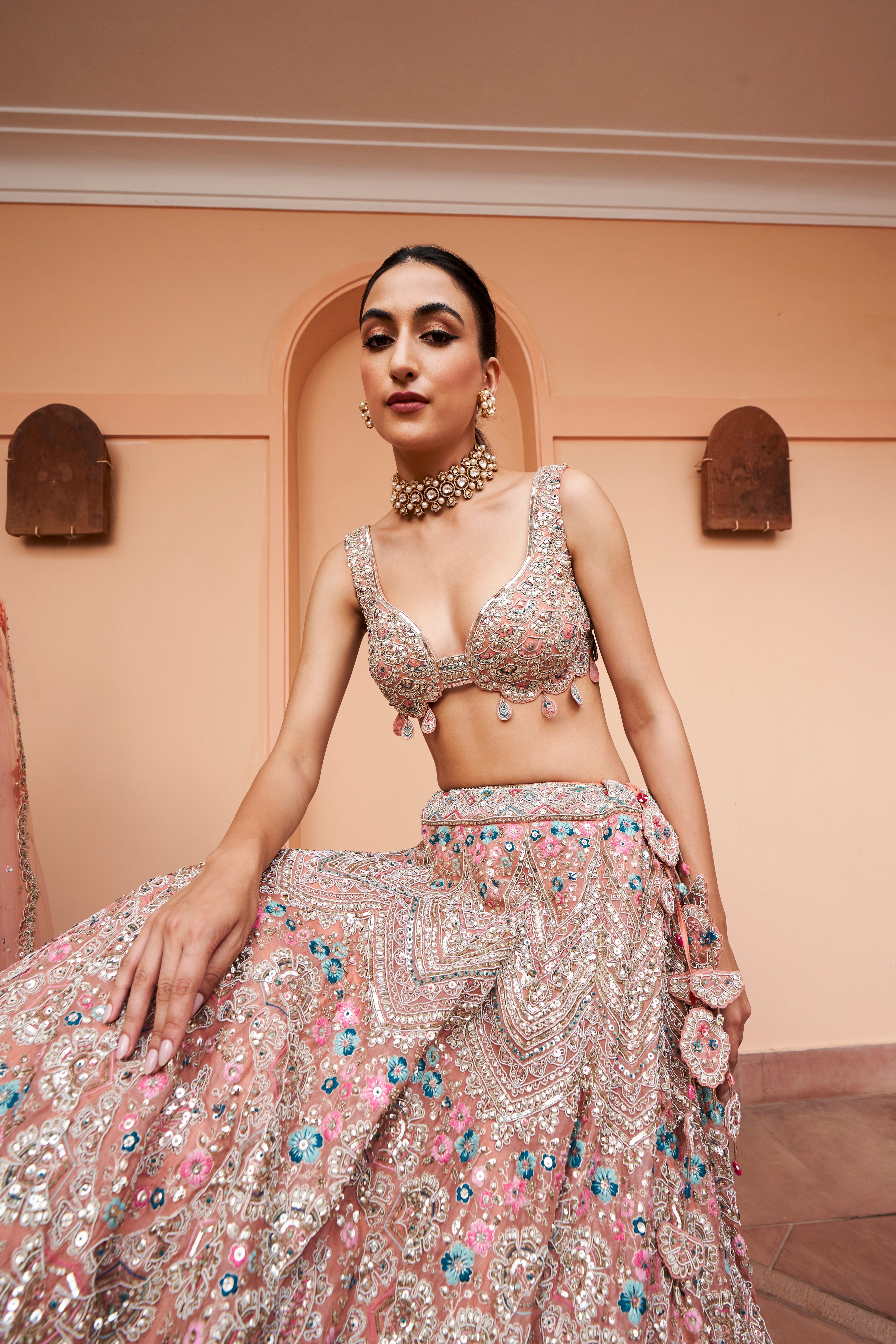 CORAL EMBROIDERED LEHENGA SET