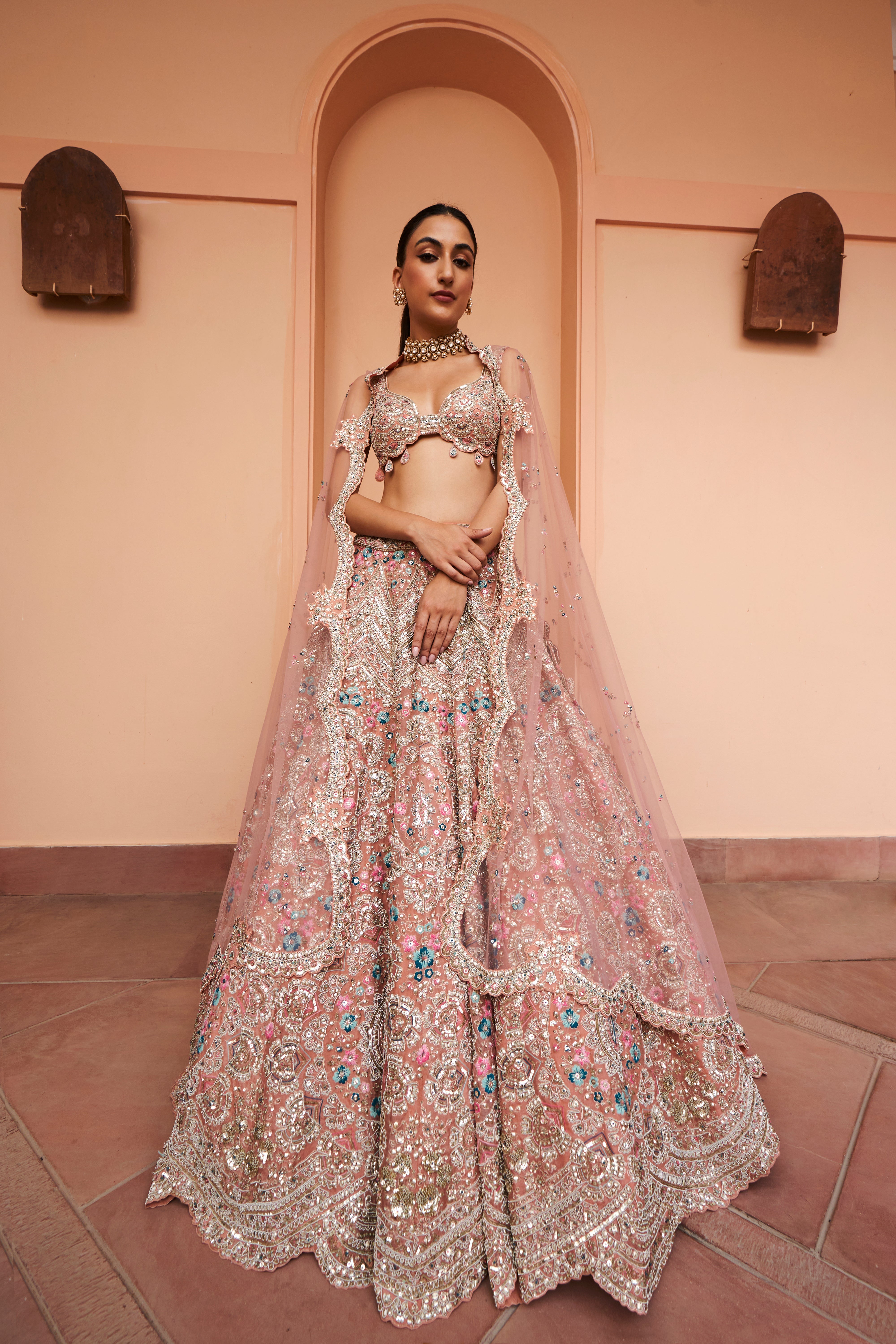 CORAL EMBROIDERED LEHENGA SET