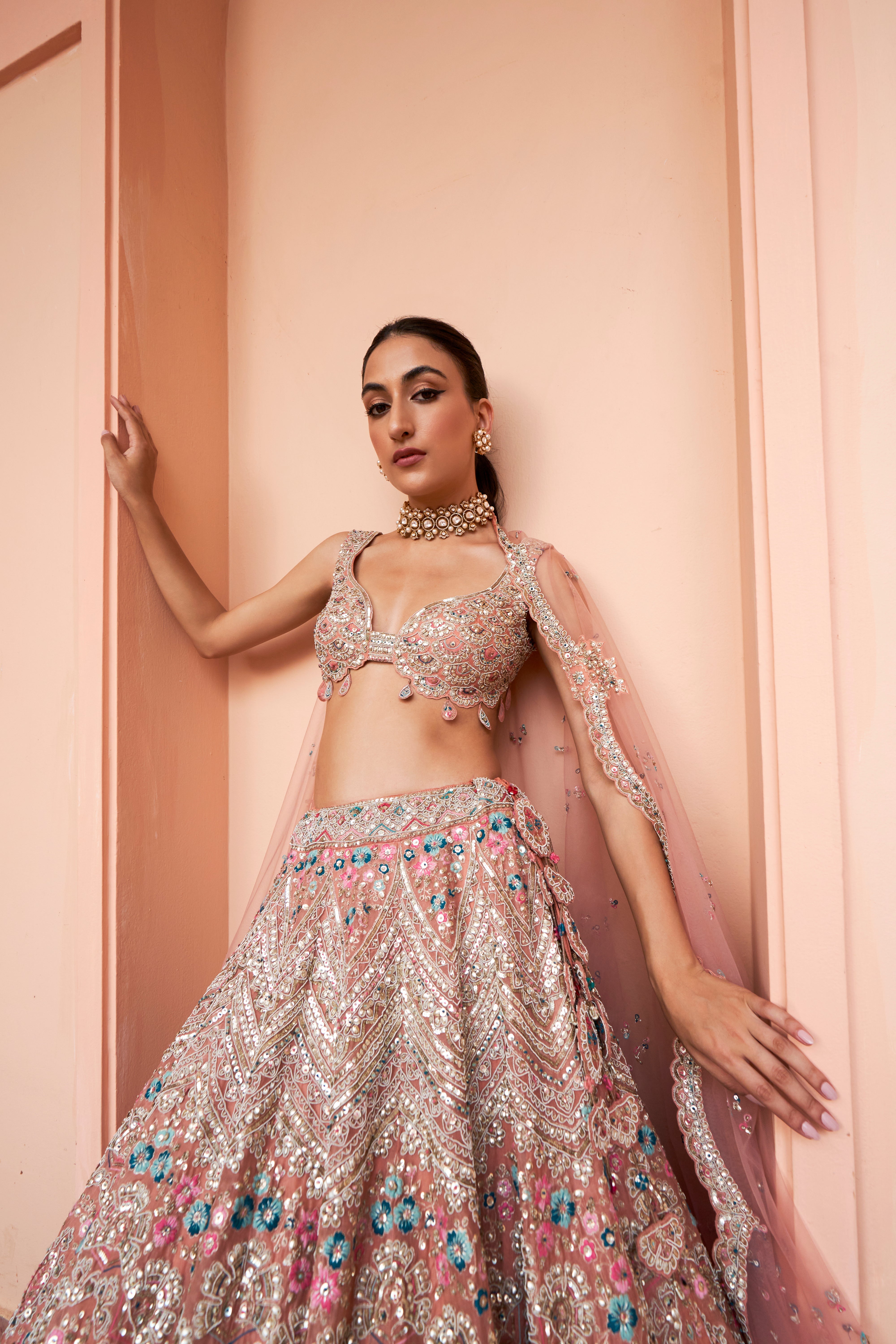 CORAL EMBROIDERED LEHENGA SET