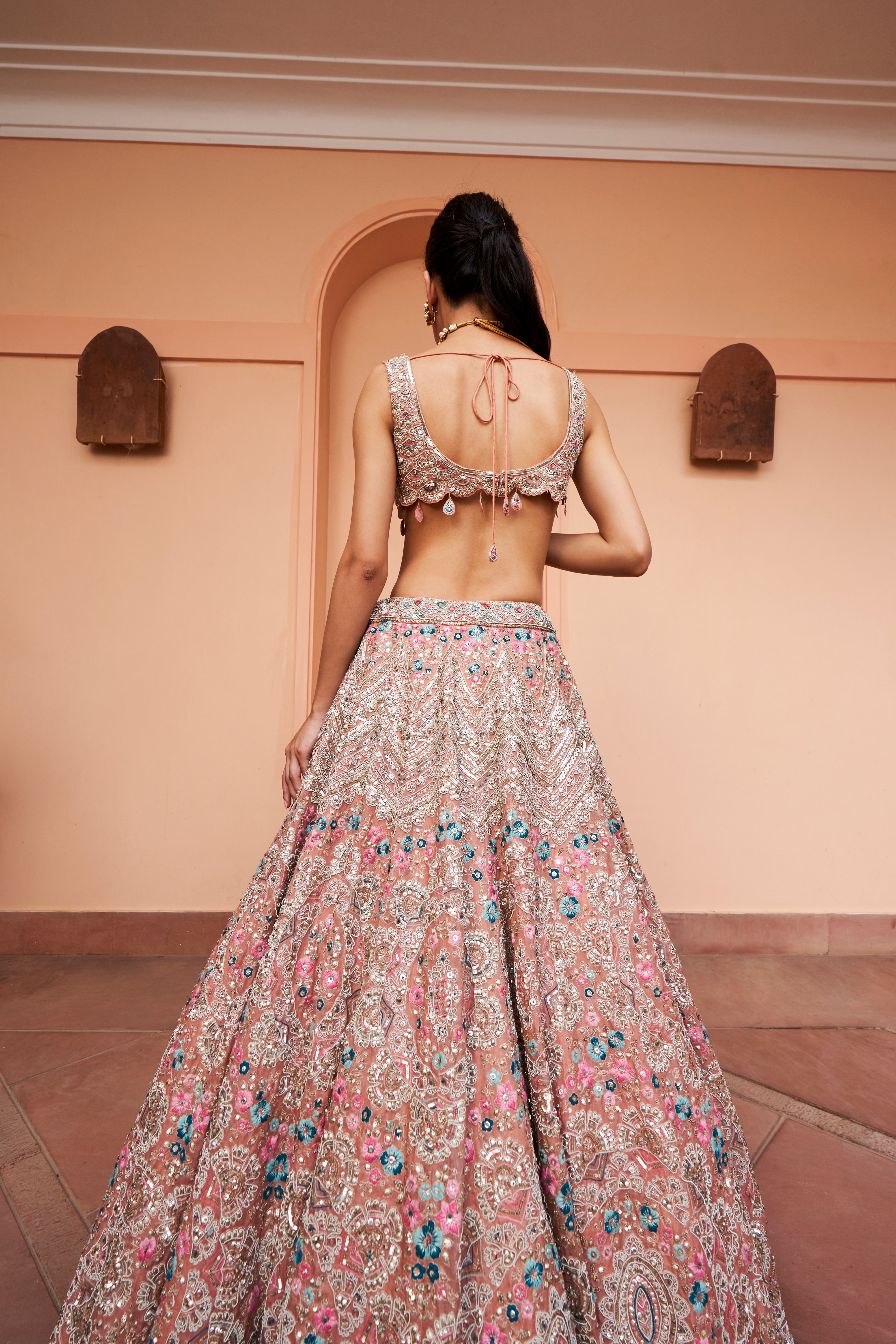 CORAL EMBROIDERED LEHENGA SET