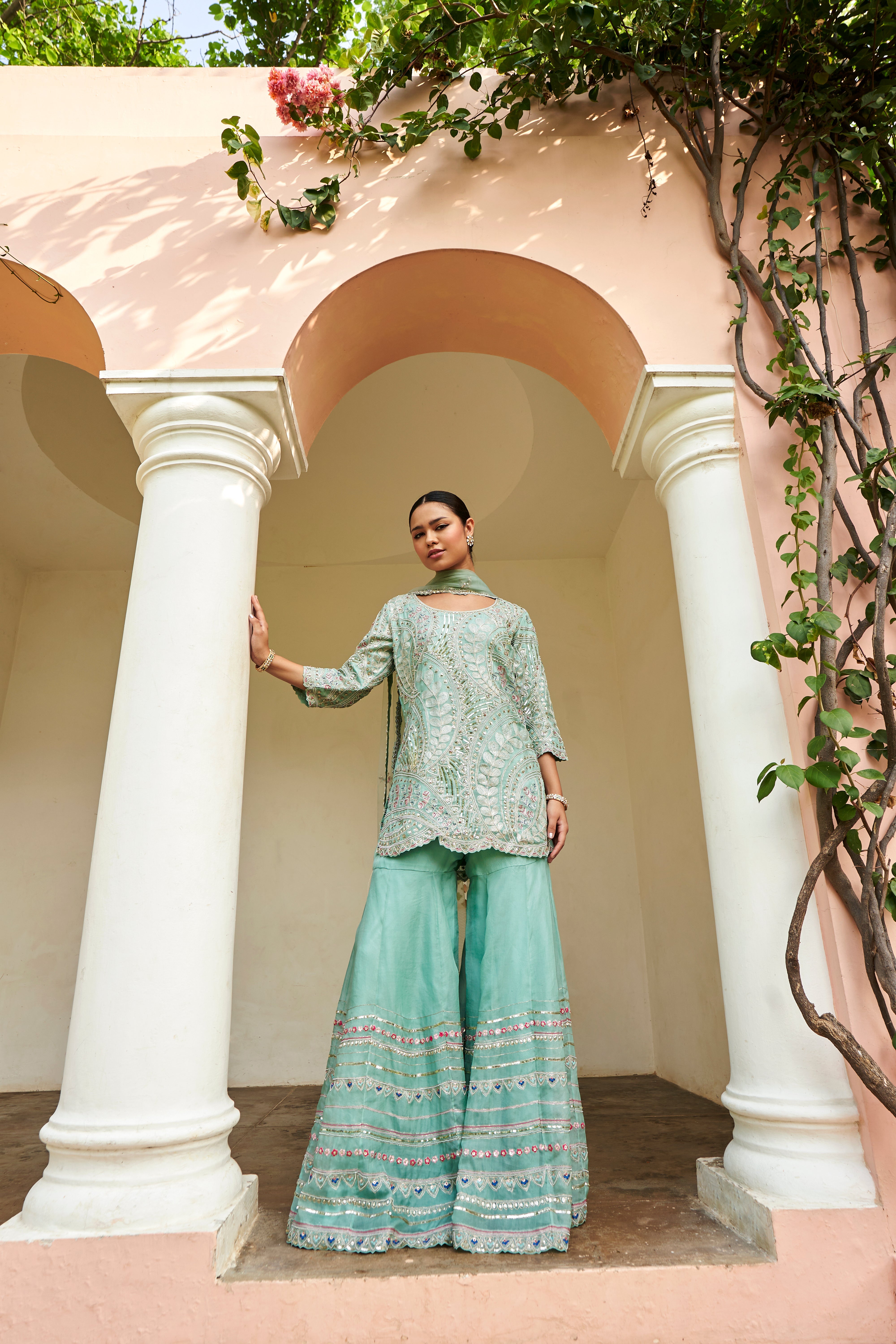 Cadet Blue Embroidered Sharara Set