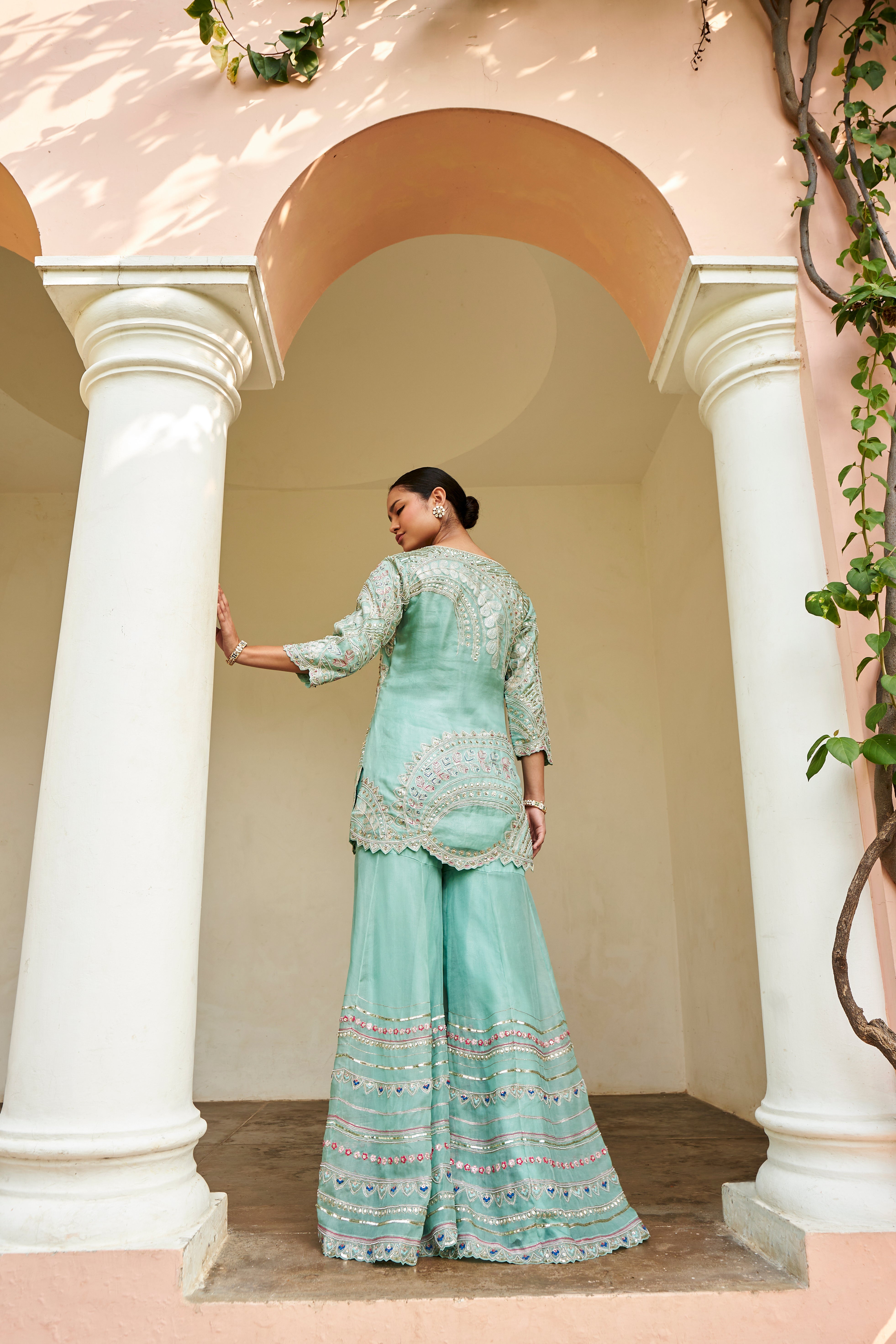 Cadet Blue Embroidered Sharara Set