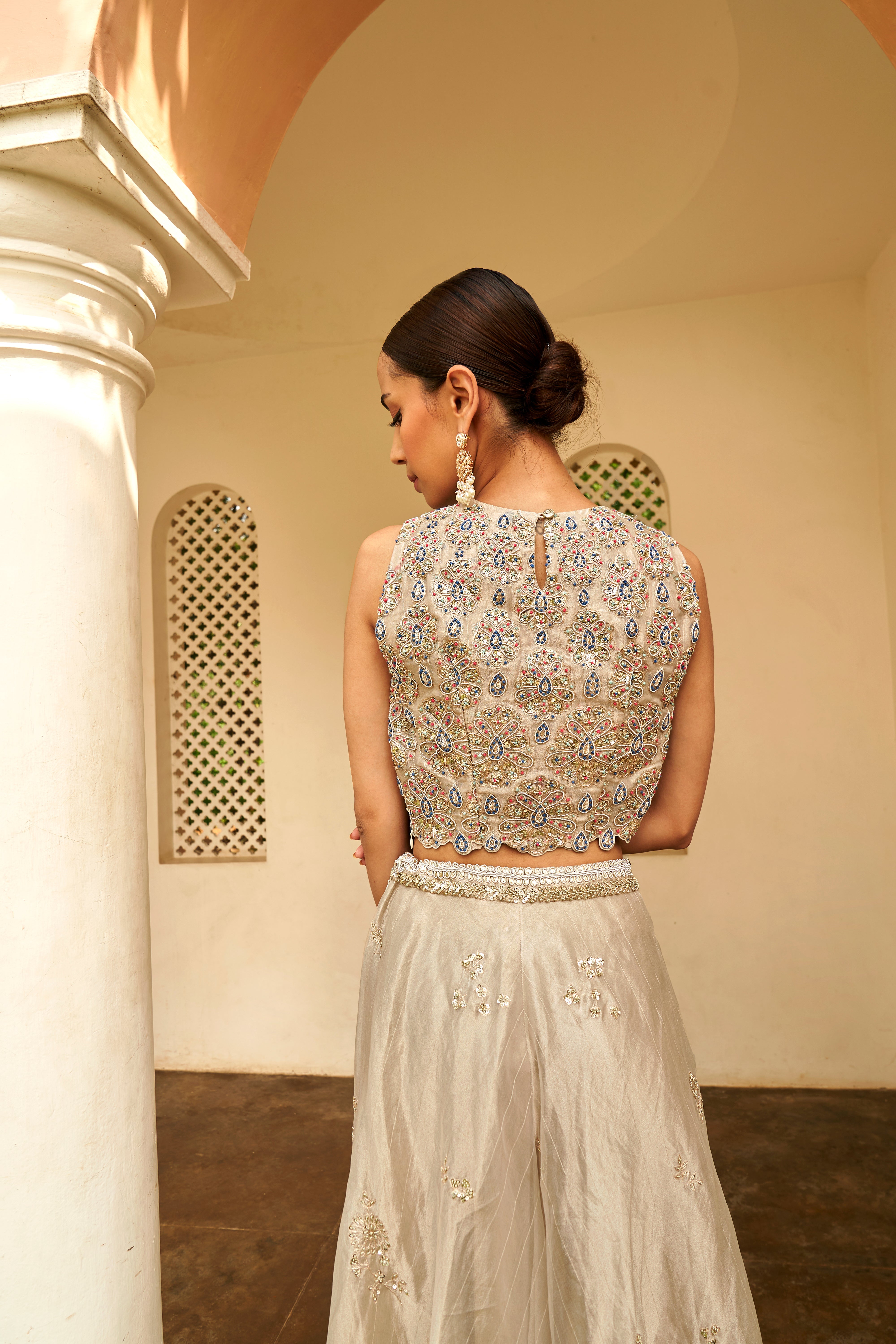 Silver Embroidered Top & Skirt